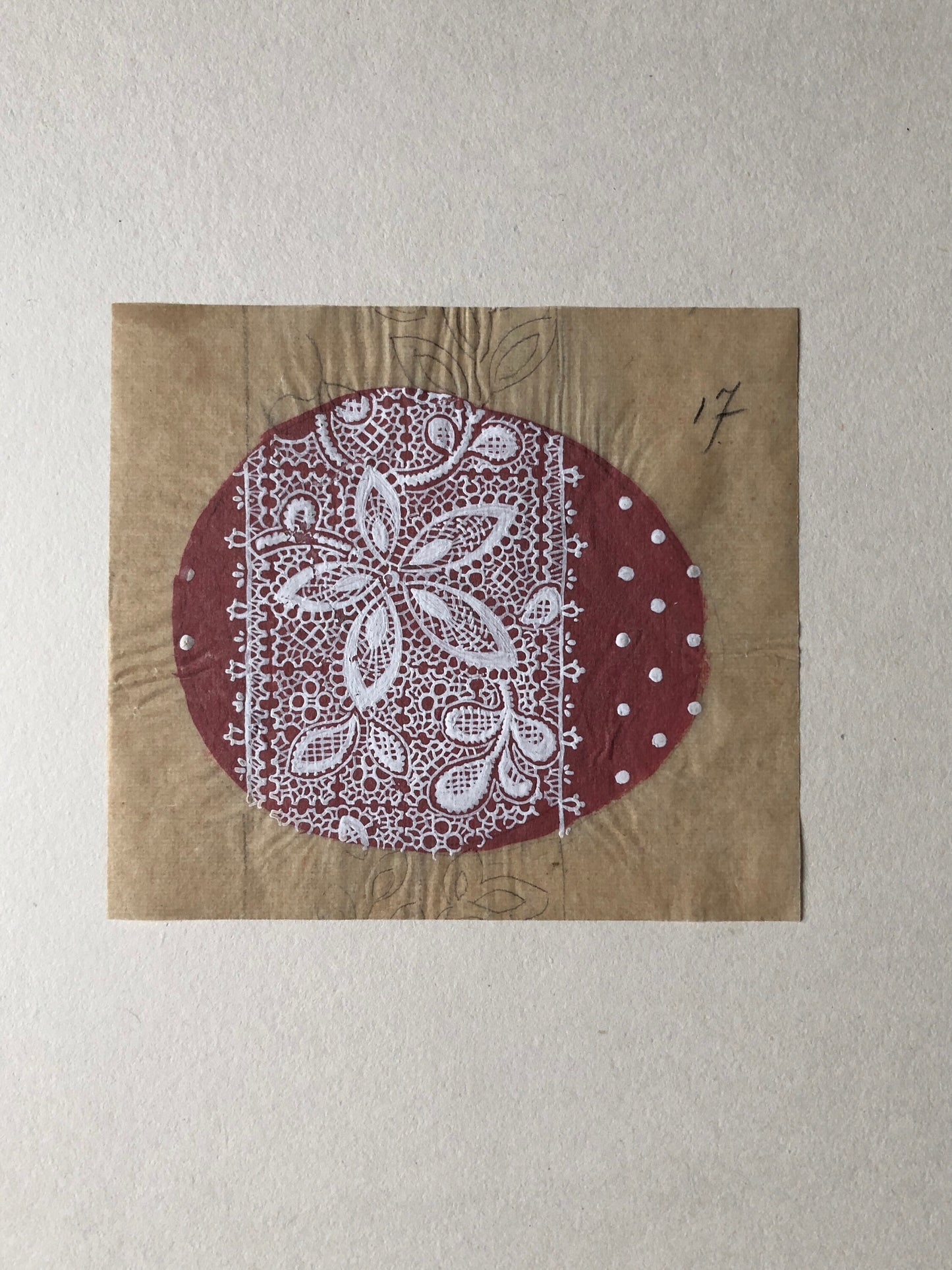 An Original Antique French Textile Design Featuring a Lace Pattern Over Pink. Hand Painted. Produced in Lyon in 1907. Size: 8.5 x 9.8 cms.