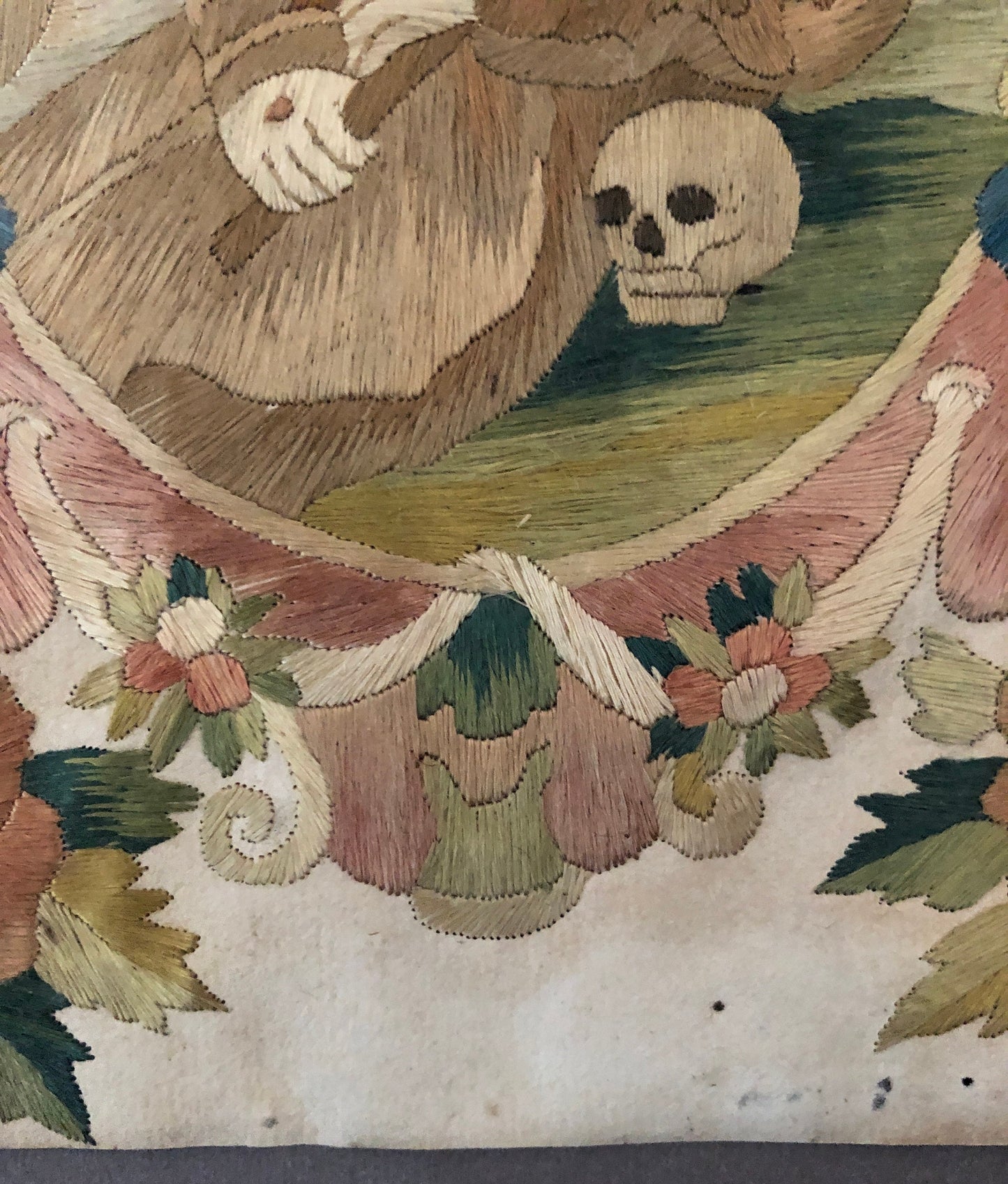 A Fine Silk Double Sided Embroidery of a Saint, Possibly St. Francis, With Skull and Stigmata. French 17th Century. 20 x 16 cms.