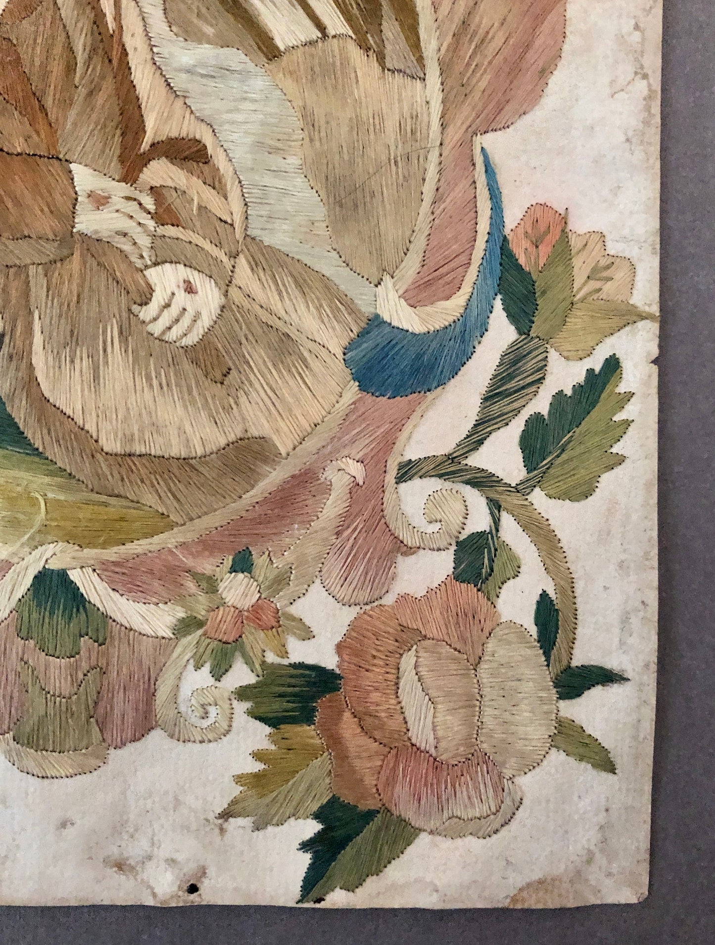 A Fine Silk Double Sided Embroidery of a Saint, Possibly St. Francis, With Skull and Stigmata. French 17th Century. 20 x 16 cms.