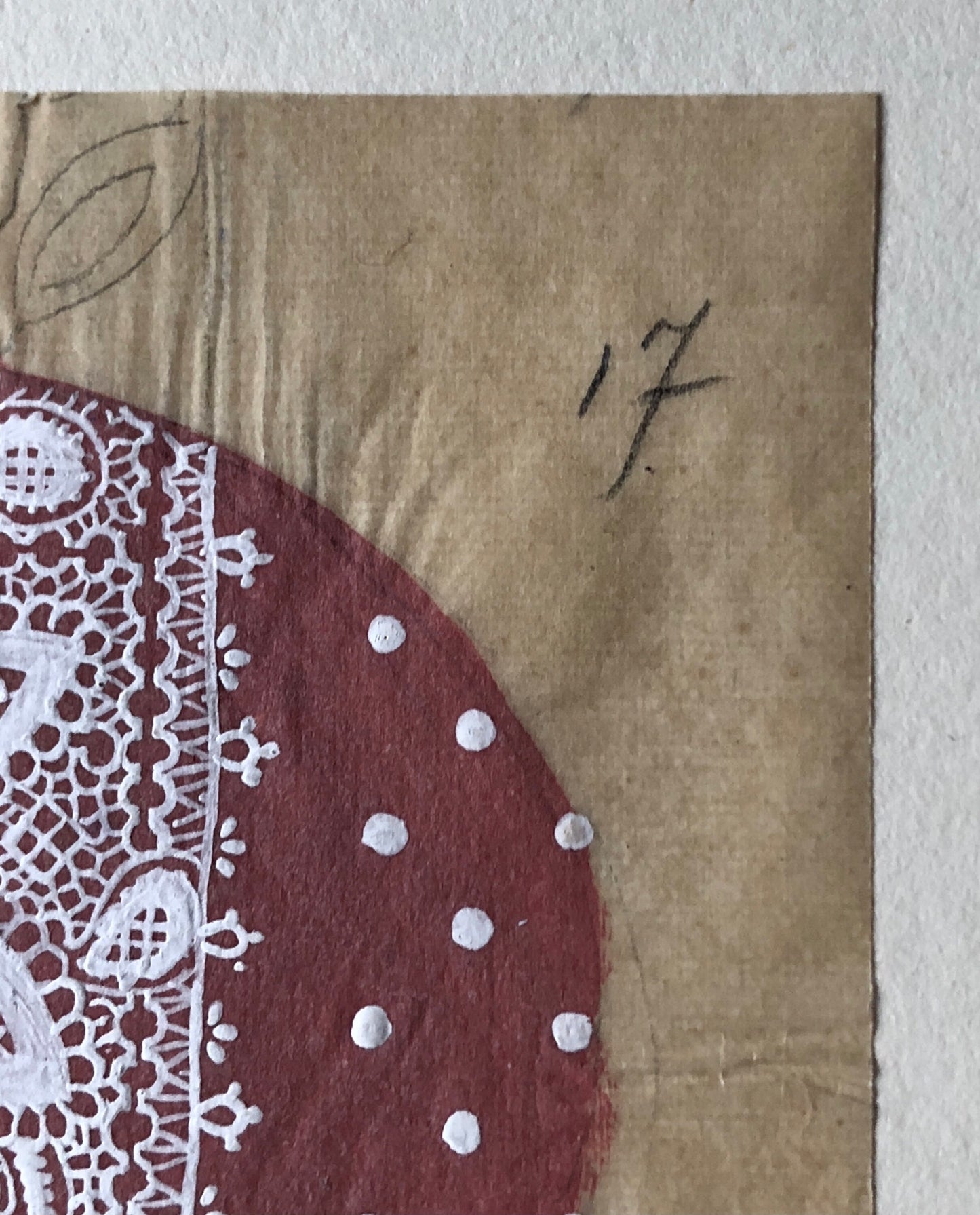 An Original Antique French Textile Design Featuring a Lace Pattern Over Pink. Hand Painted. Produced in Lyon in 1907. Size: 8.5 x 9.8 cms.