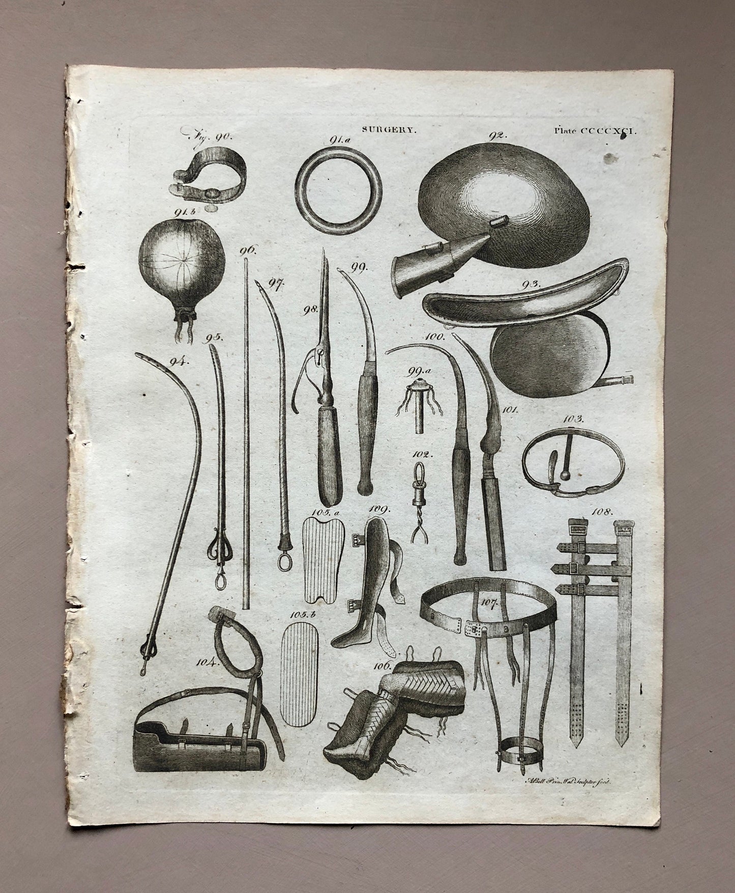 Surgery. 6 Original Engravings of Surgical Equiptment From The Encyclopedia Britannica, 1797. Engraved by A. Bell. Size: 26.5 x 20.5 cms