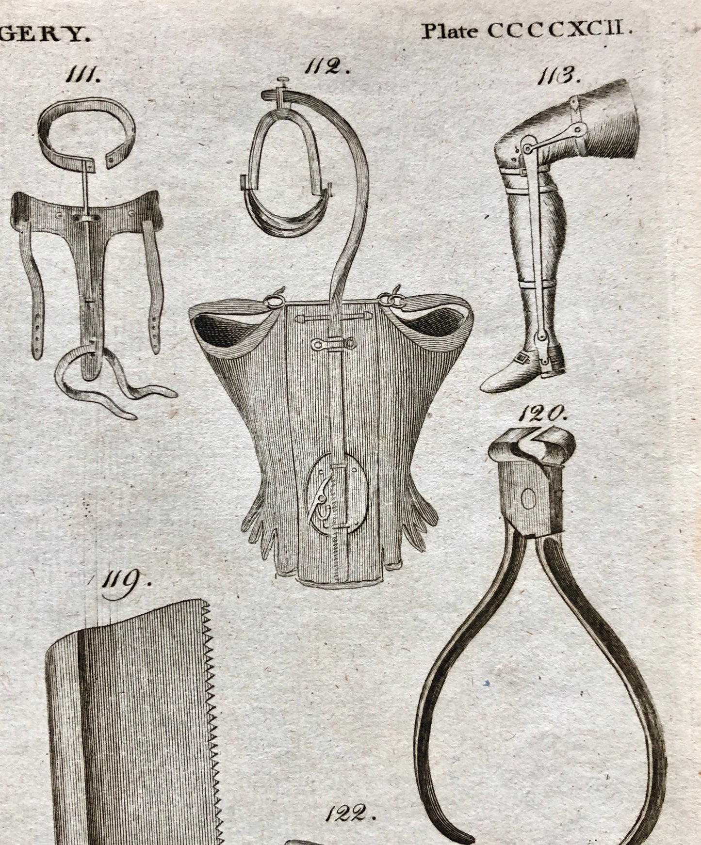 Surgery. 6 Original Engravings of Surgical Equiptment From The Encyclopedia Britannica, 1797. Engraved by A. Bell. Size: 26.5 x 20.5 cms