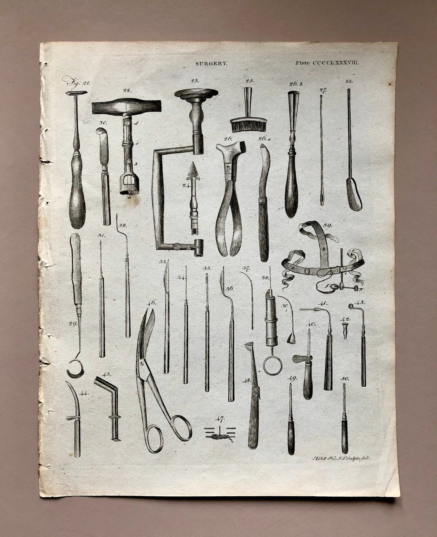 Surgery. 6 Original Engravings of Surgical Equiptment From The Encyclopedia Britannica, 1797. Engraved by A. Bell. Size: 26.5 x 20.5 cms