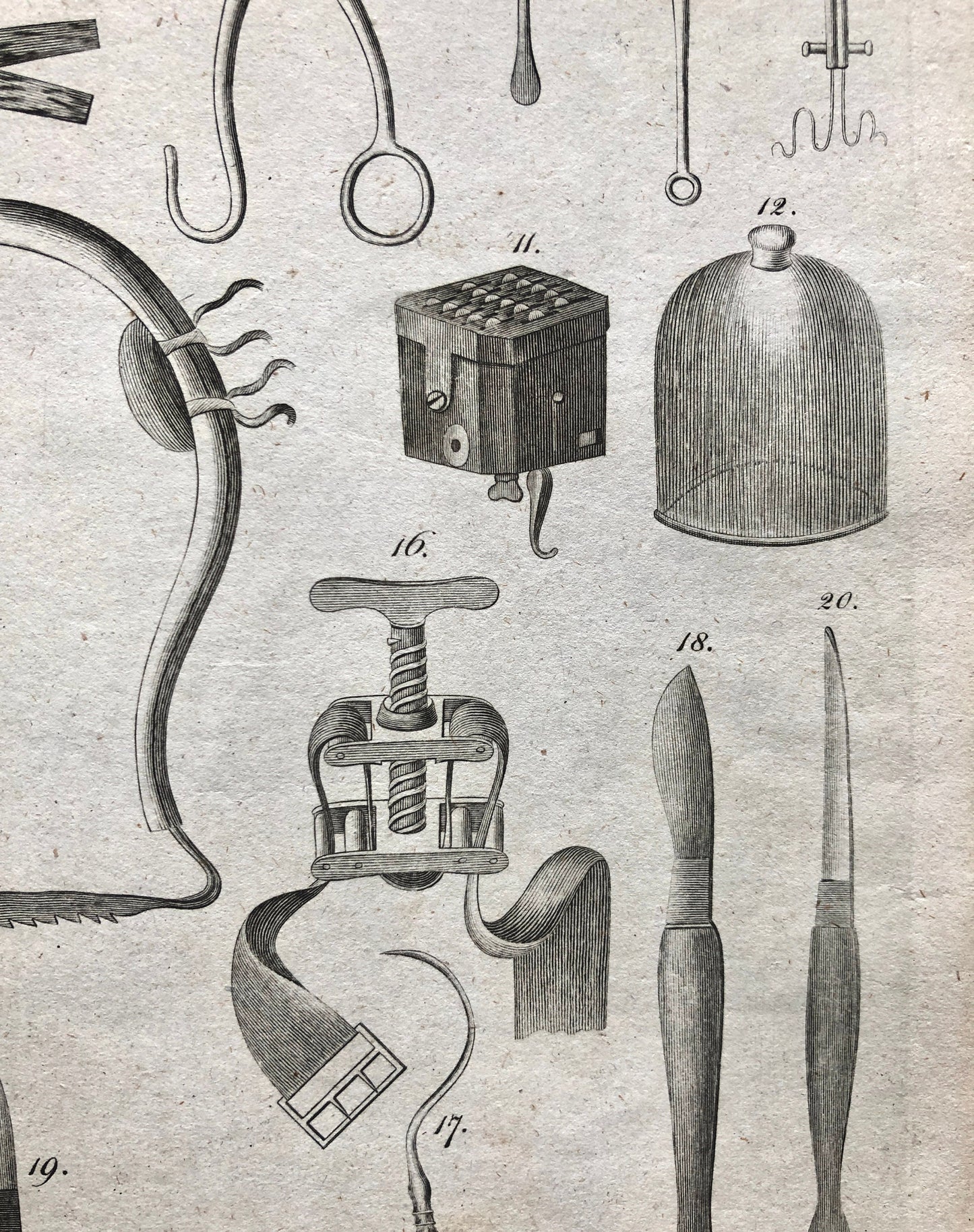 Surgery. 6 Original Engravings of Surgical Equiptment From The Encyclopedia Britannica, 1797. Engraved by A. Bell. Size: 26.5 x 20.5 cms