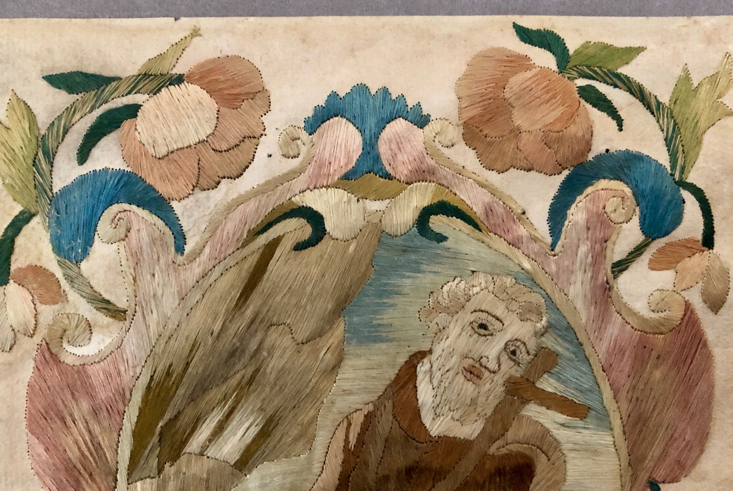 A Fine Silk Double Sided Embroidery of a Saint, Possibly St. Francis, With Skull and Stigmata. French 17th Century. 20 x 16 cms.
