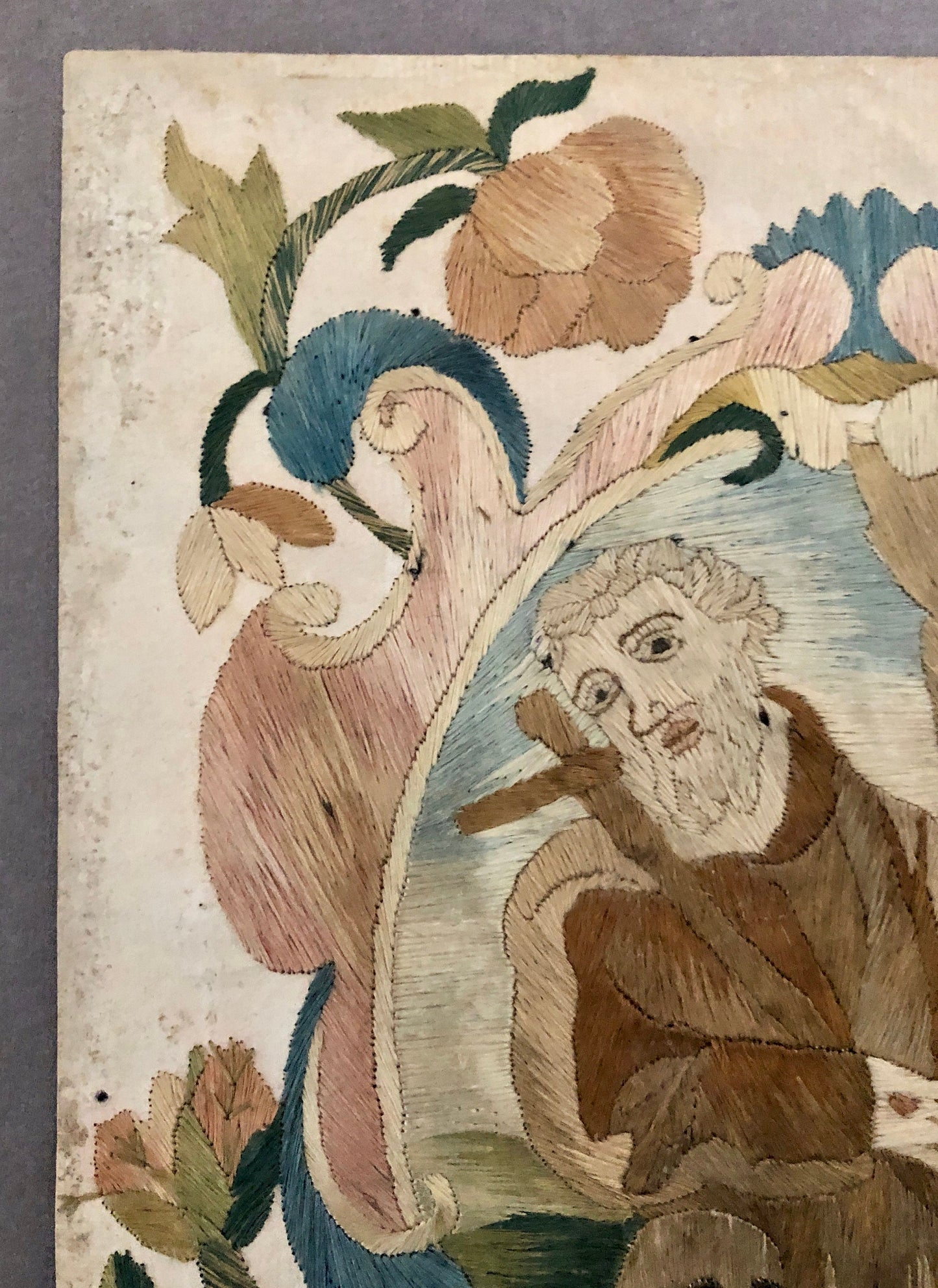 A Fine Silk Double Sided Embroidery of a Saint, Possibly St. Francis, With Skull and Stigmata. French 17th Century. 20 x 16 cms.