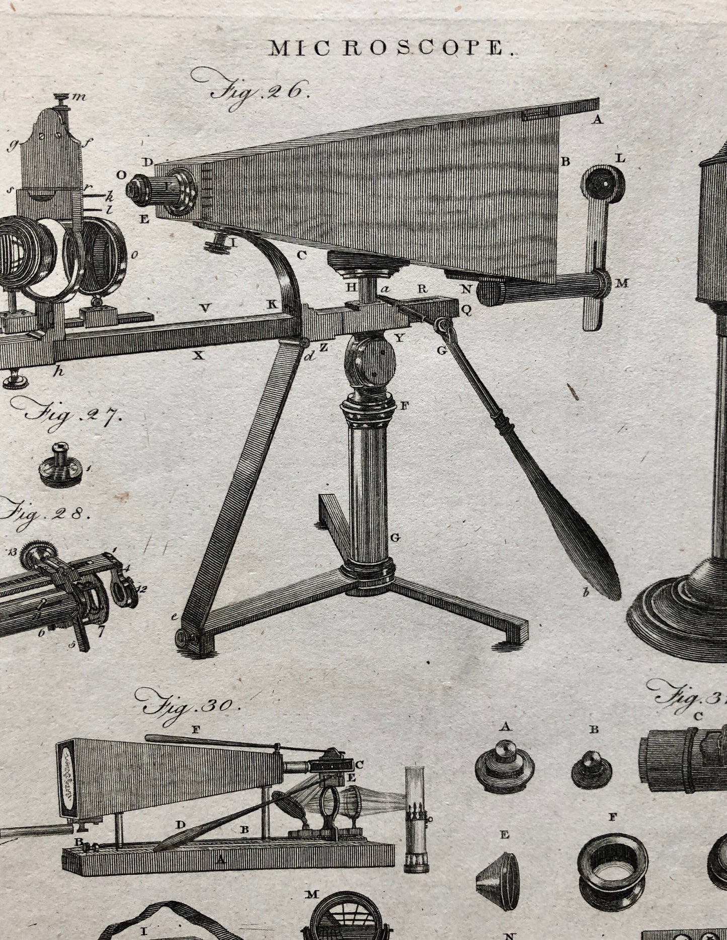 Microscopes. 6 Original Engravings. From The Encyclopedia Britannica. Engraved by A. Bell. Dated 1797. Size: 26.5 x 20.5 cms