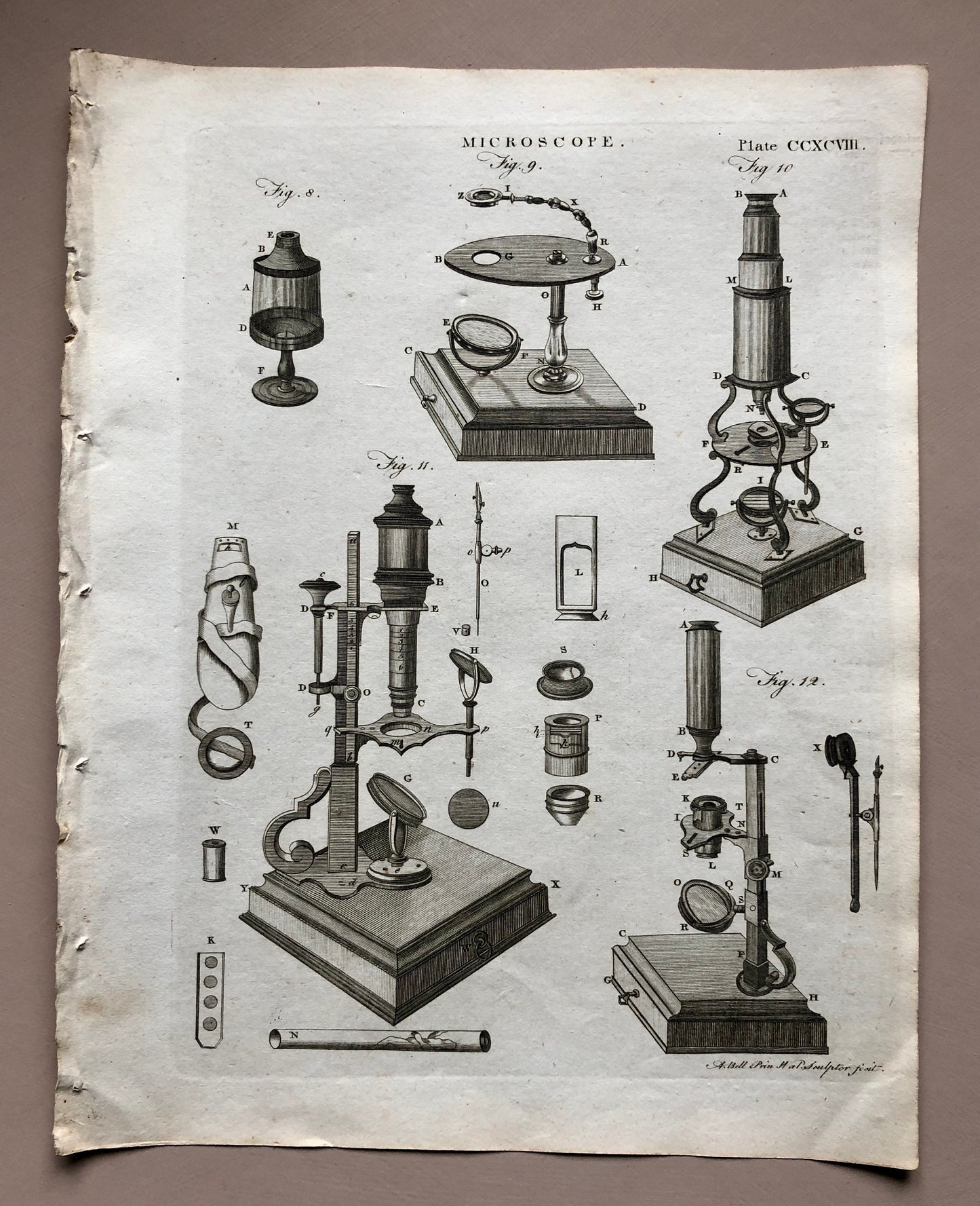 Microscopes. 6 Original Engravings. From The Encyclopedia Britannica. Engraved by A. Bell. Dated 1797. Size: 26.5 x 20.5 cms