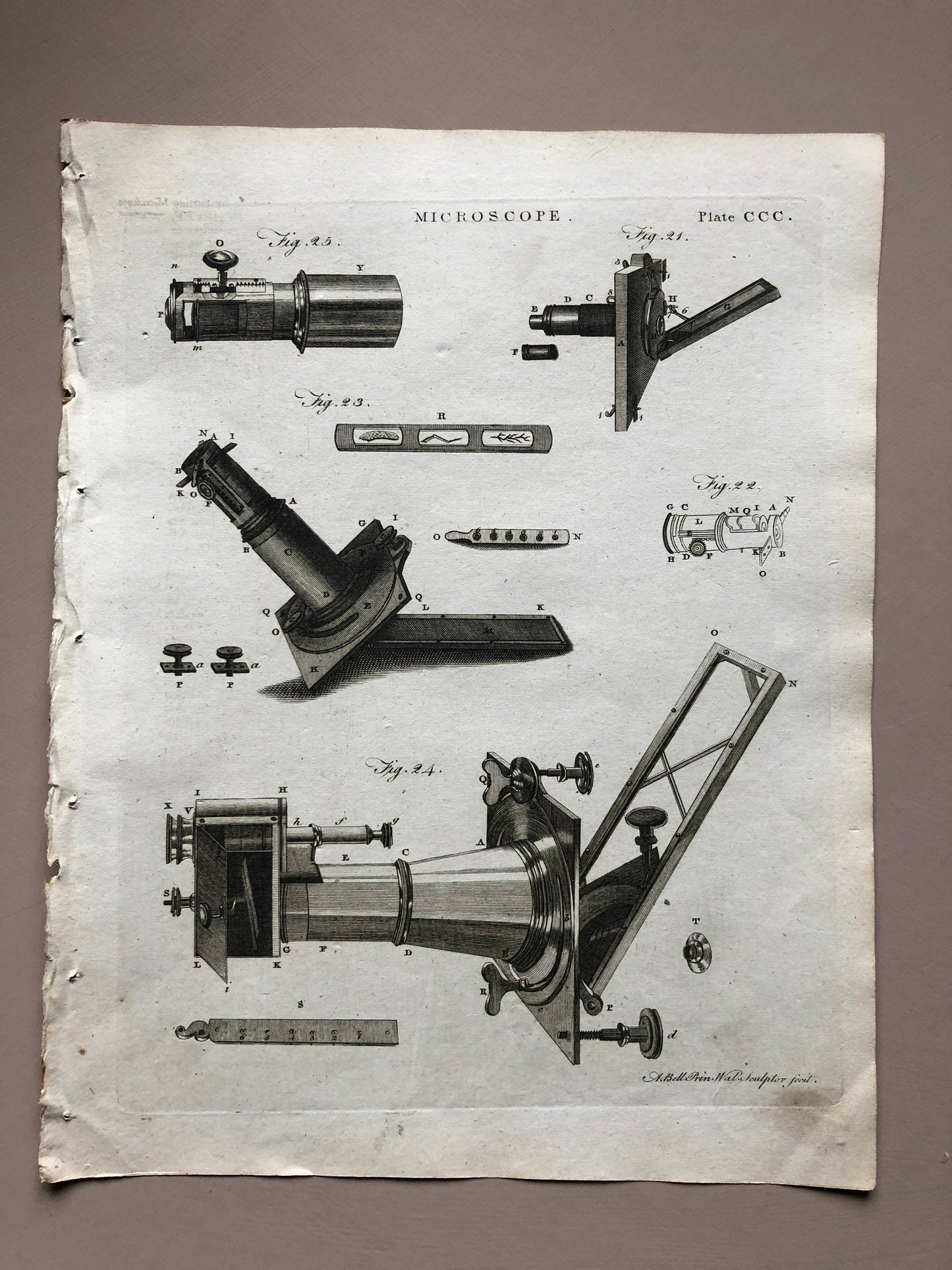 Microscopes. 6 Original Engravings. From The Encyclopedia Britannica. Engraved by A. Bell. Dated 1797. Size: 26.5 x 20.5 cms