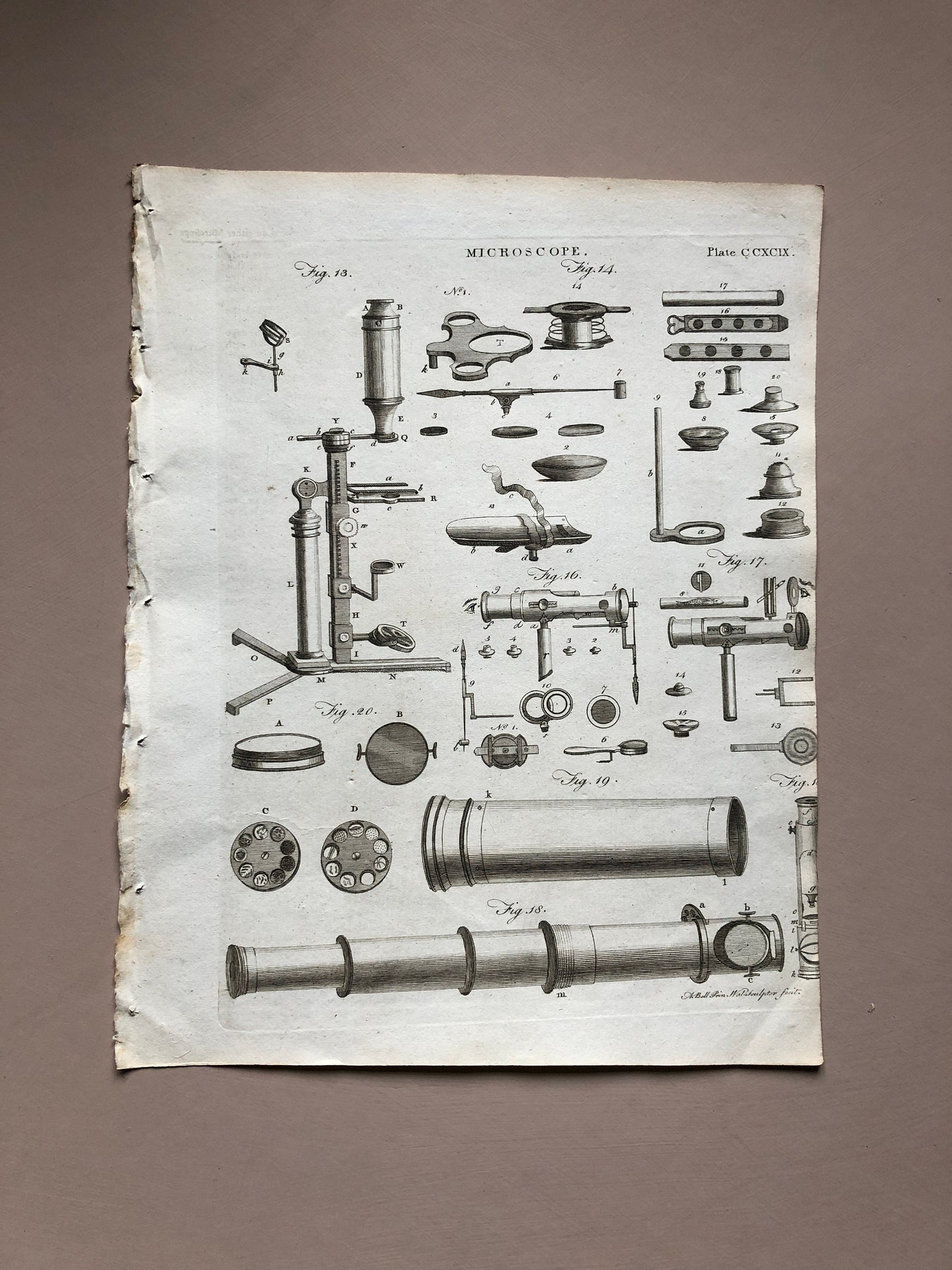 Microscopes. 6 Original Engravings. From The Encyclopedia Britannica. Engraved by A. Bell. Dated 1797. Size: 26.5 x 20.5 cms