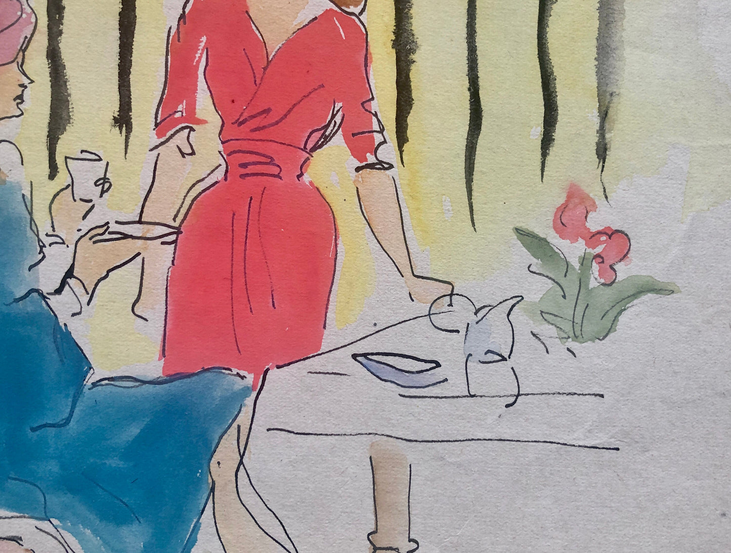 An Original Fashion Sketch, or Croquis, from Parisian Designer Yvette Micas. Hand Painted. 1940’s. Signed. Size: 21 x 26.5 cms.