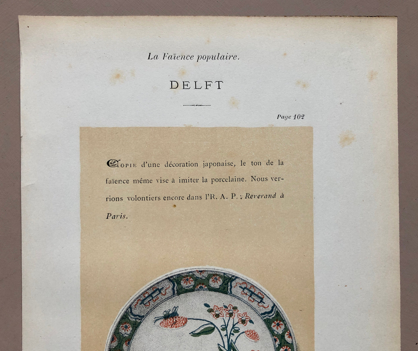 Delft Pottery. A Lithograph From La Faïence Populaire au XVIII Siecle by Mareschal. Dated 1872. Size: 26.7 x 17.2 cms.