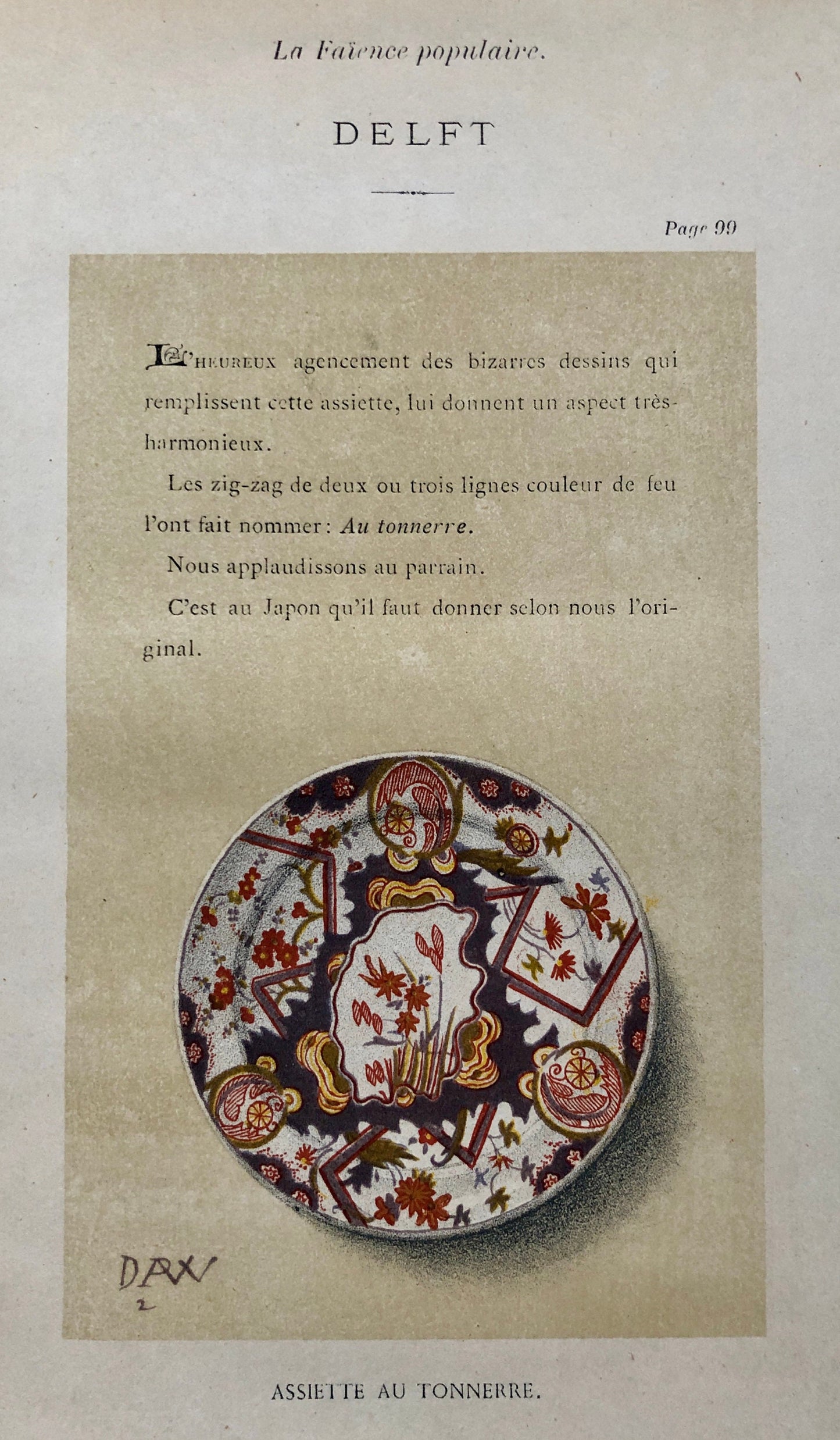 Delft Pottery. A Lithograph From La Faïence Populaire au XVIII Siecle by Mareschal. Dated 1872. Size: 26.7 x 17.2 cms.