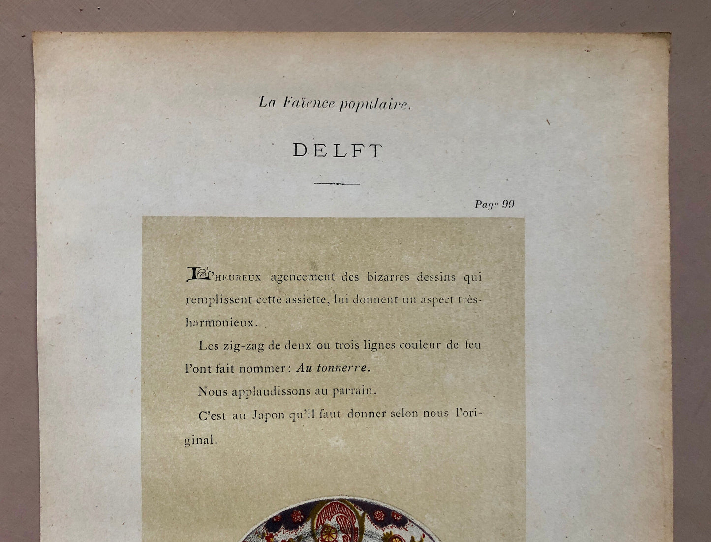 Delft Pottery. A Lithograph From La Faïence Populaire au XVIII Siecle by Mareschal. Dated 1872. Size: 26.7 x 17.2 cms.