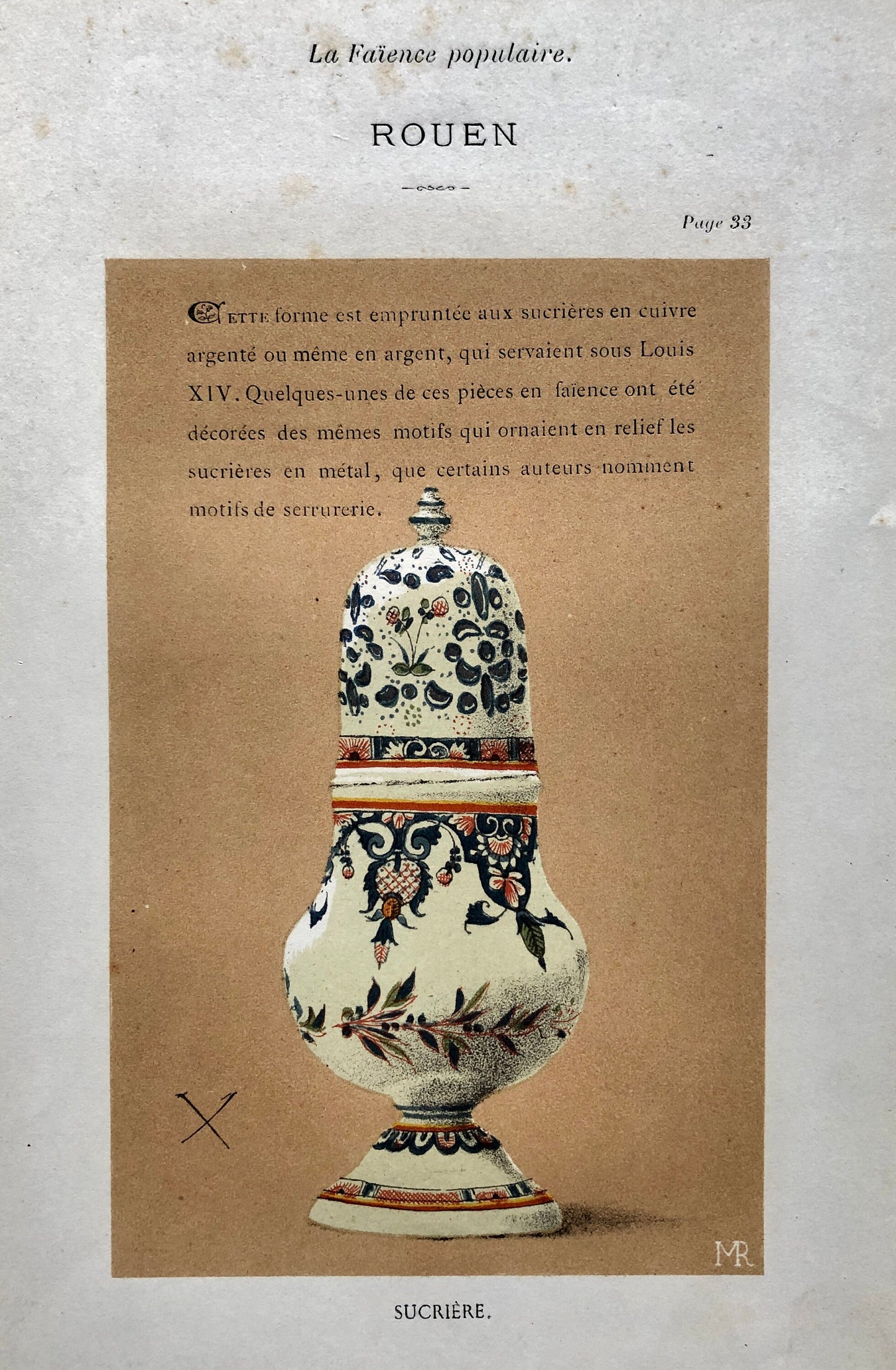Rouen Faïence Pottery. An Original Lithograph From La Faïence Populaire au XVIII Siecle by Mareschal. Dated 1872. Size: 26.7 x 17.2 cms.