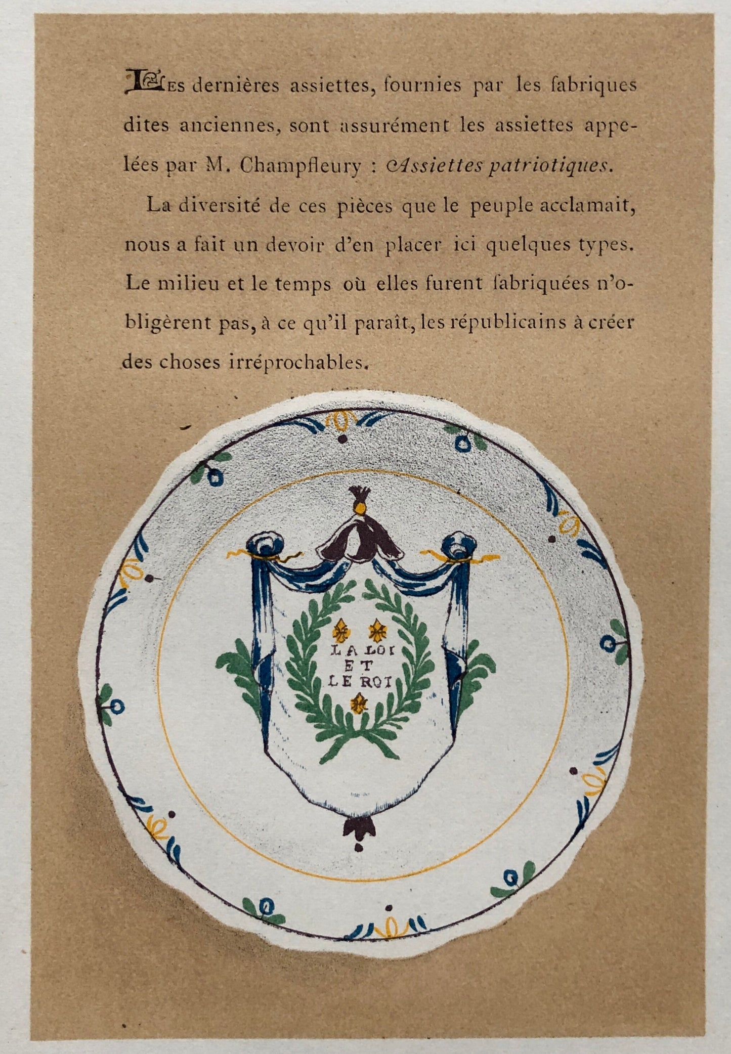 Nevers Faïence Pottery. A Lithograph From La Faïence Populaire au XVIII Siecle by Mareschal. Dated 1872. Size: 26.7 x 17.2 cms.