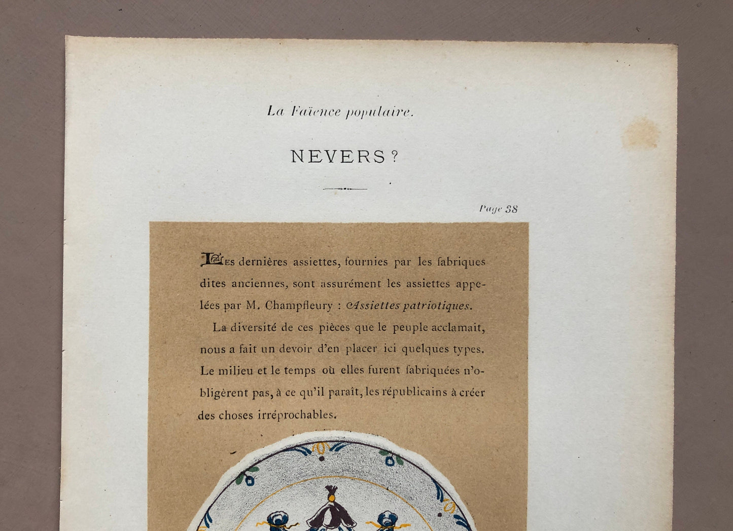 Nevers Faïence Pottery. A Lithograph From La Faïence Populaire au XVIII Siecle by Mareschal. Dated 1872. Size: 26.7 x 17.2 cms.