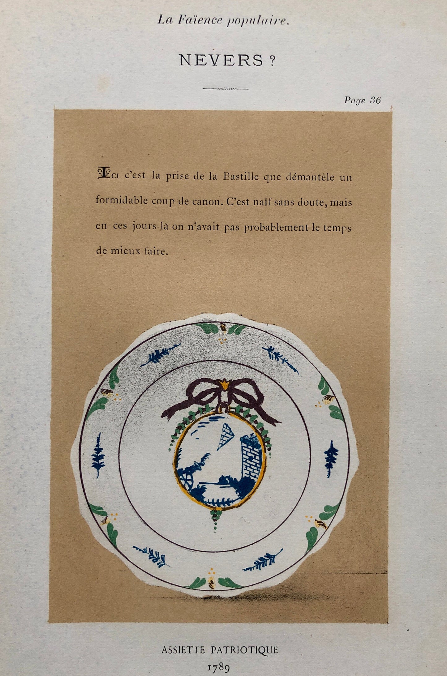 Nevers Faïence Pottery. A Lithograph From La Faïence Populaire au XVIII Siecle by Mareschal. Dated 1872. Size: 26.7 x 17.2 cms.