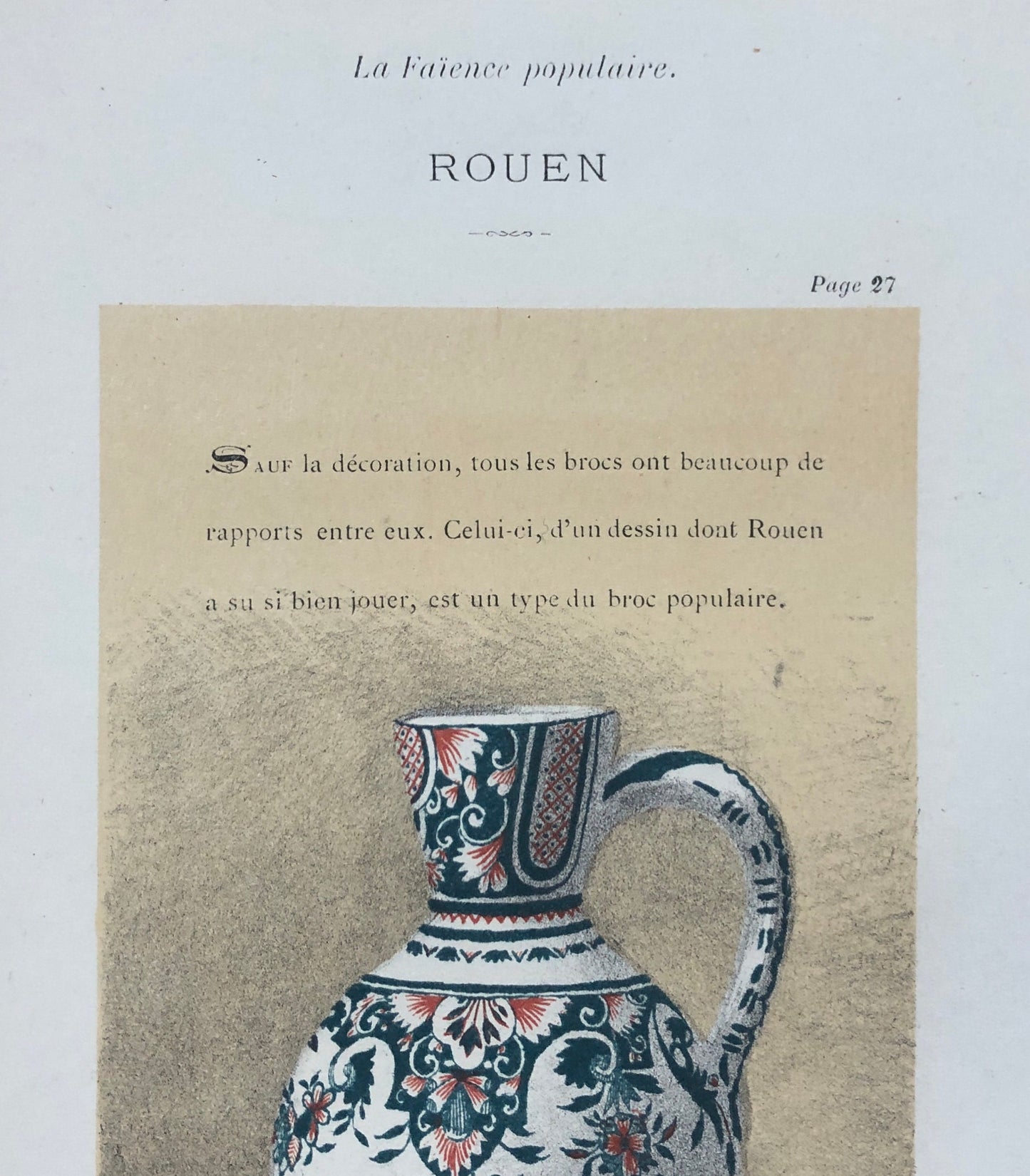 Rouen. Faïence Pottery. An Original Lithograph From La Faïence Populaire au XVIII Siecle by Mareschal. Dated 1872. Size: 26.7 x 17.2 cms.