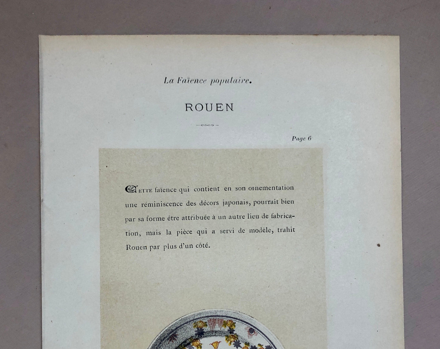 Faïence Rouen Pottery. A Lithograph From La Faïence Populaire au XVIII Siecle by Mareschal. Dated 1872. Size: 26.7 x 17.2 cms.
