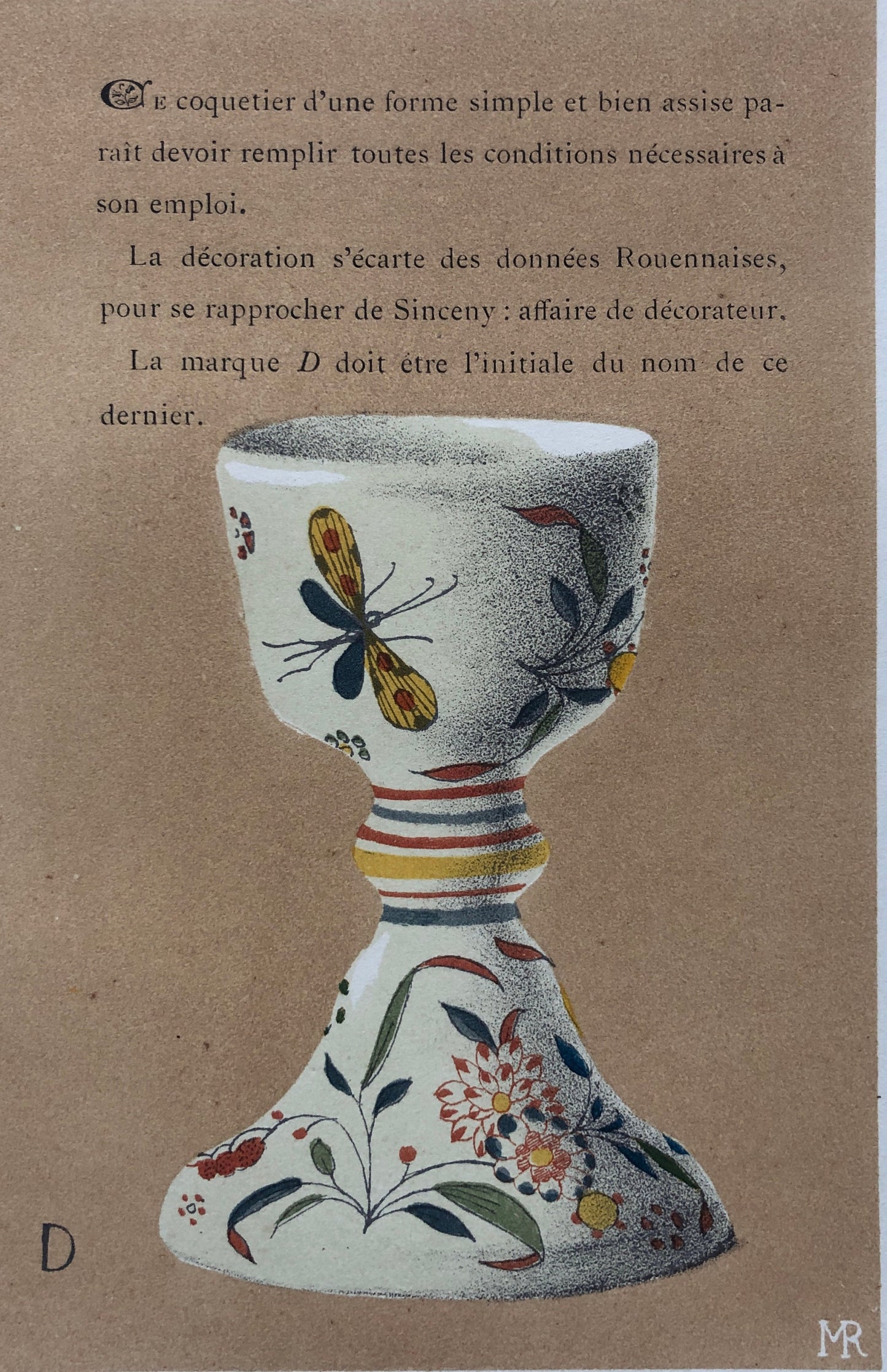 Faïence Rouen Pottery. An Original Lithograph From La Faïence Populaire au XVIII Siecle by Mareschal. Dated 1872. Size: 26.7 x 17.2 cms.