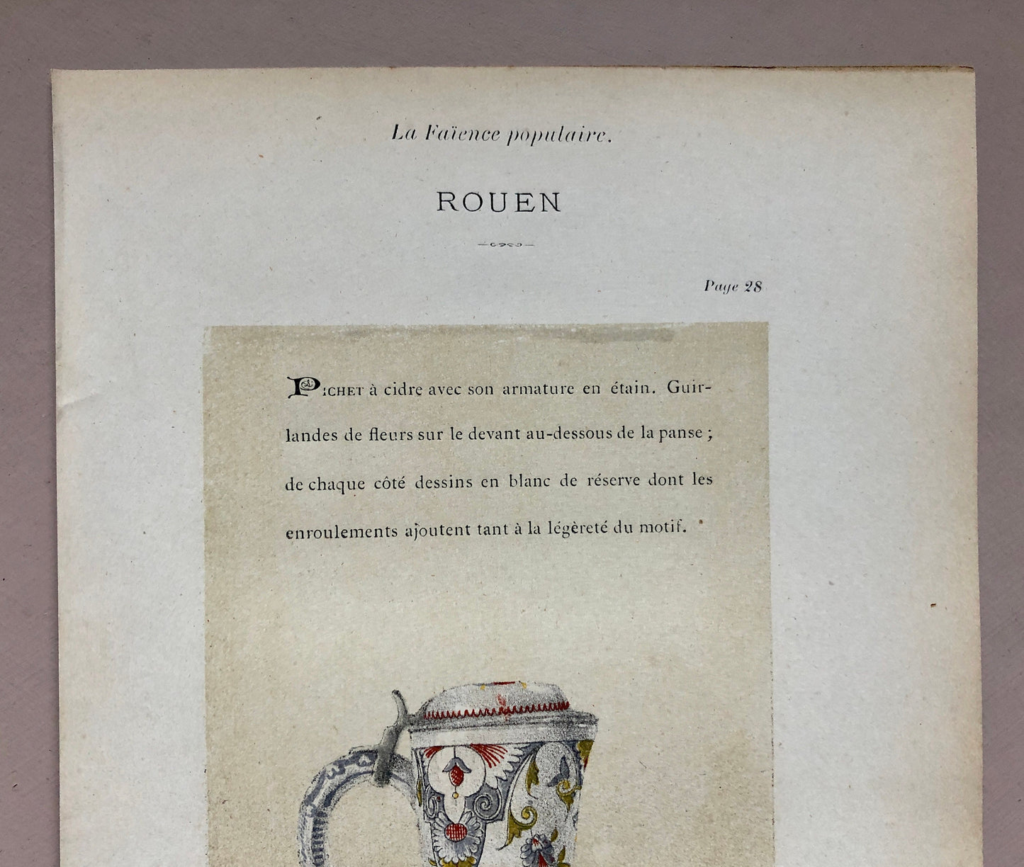Faïence Rouen Pottery. An Original Lithograph From La Faïence Populaire au XVIII Siecle by Mareschal. Dated 1872. Size: 26.7 x 17.2 cms.