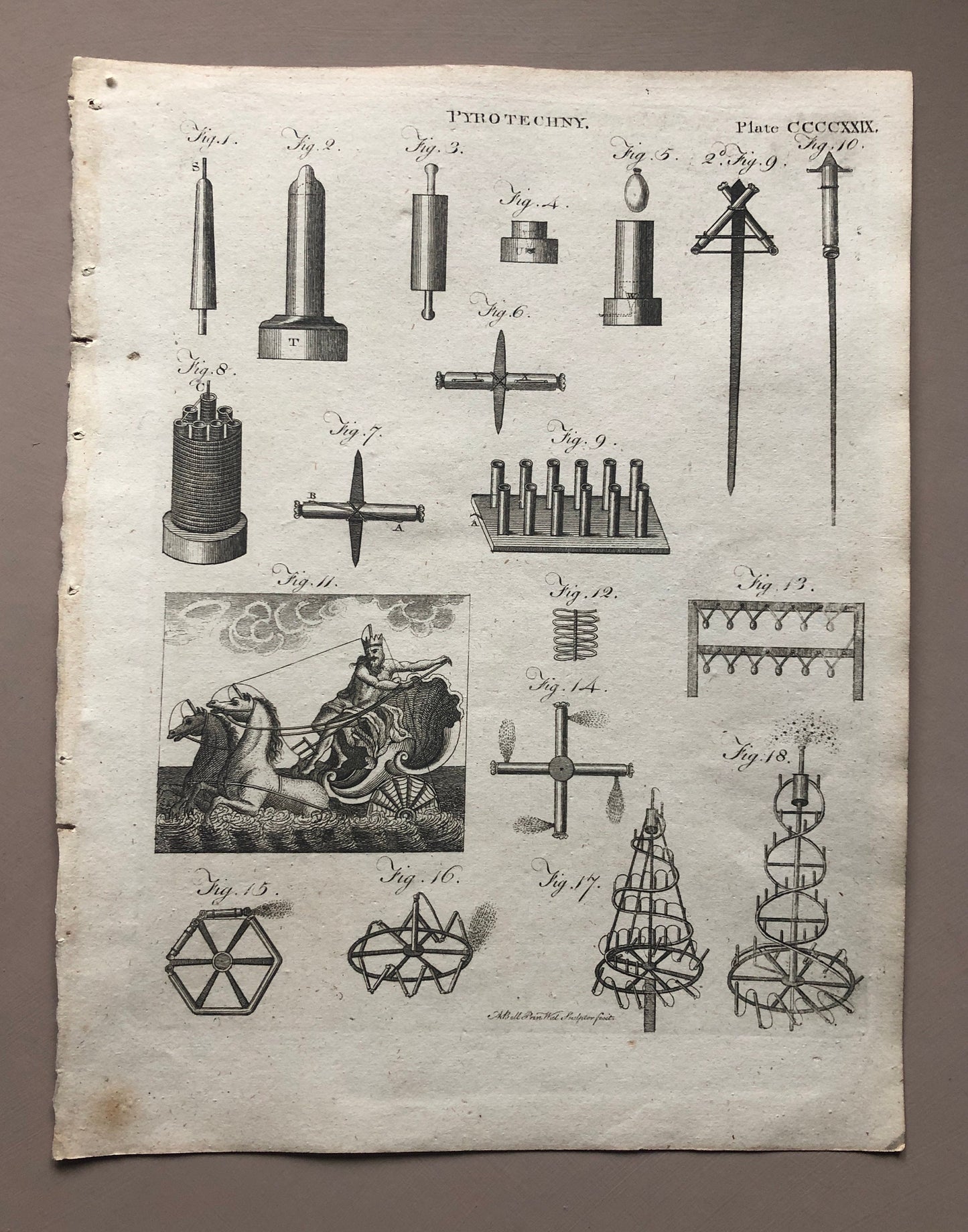 Pyrotechny. Five Original Engravings of Fireworks From The Encyclopedia Britannica. Engraved by A. Bell. Dated 1797. Size: 26.5 x 20.5 cms