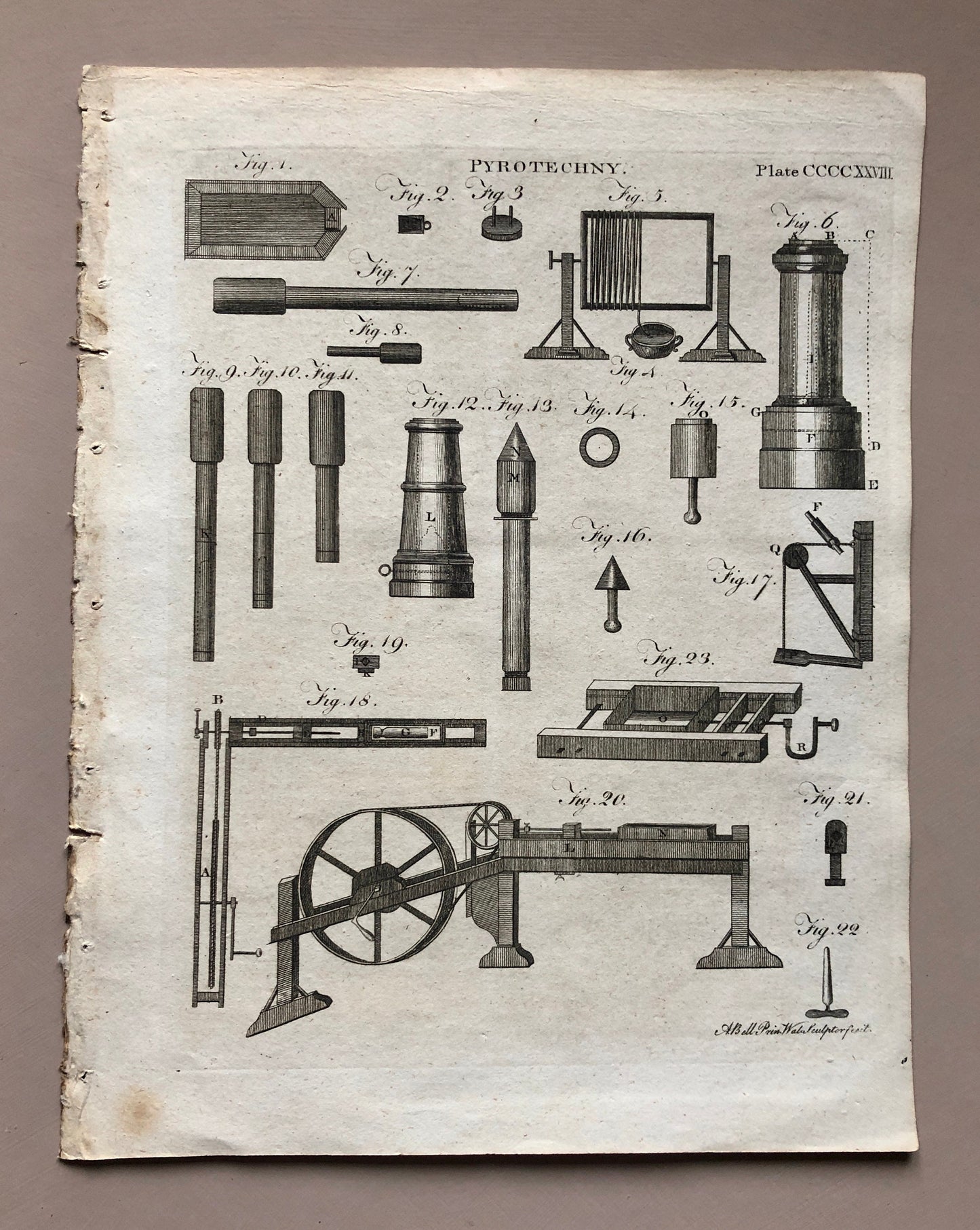 Pyrotechny. Five Original Engravings of Fireworks From The Encyclopedia Britannica. Engraved by A. Bell. Dated 1797. Size: 26.5 x 20.5 cms