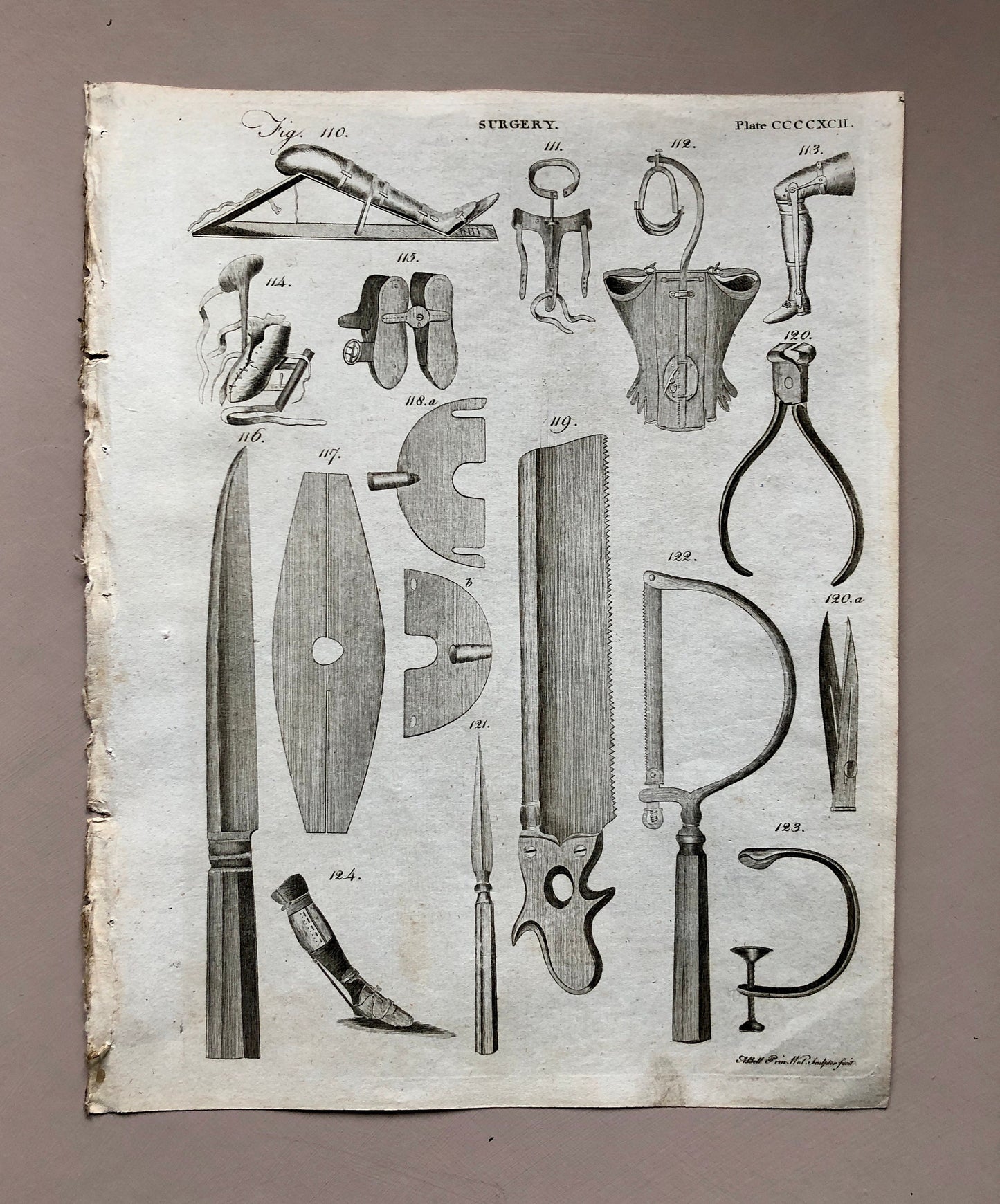 Surgery. 6 Original Engravings of Surgical Equiptment From The Encyclopedia Britannica, 1797. Engraved by A. Bell. Size: 26.5 x 20.5 cms