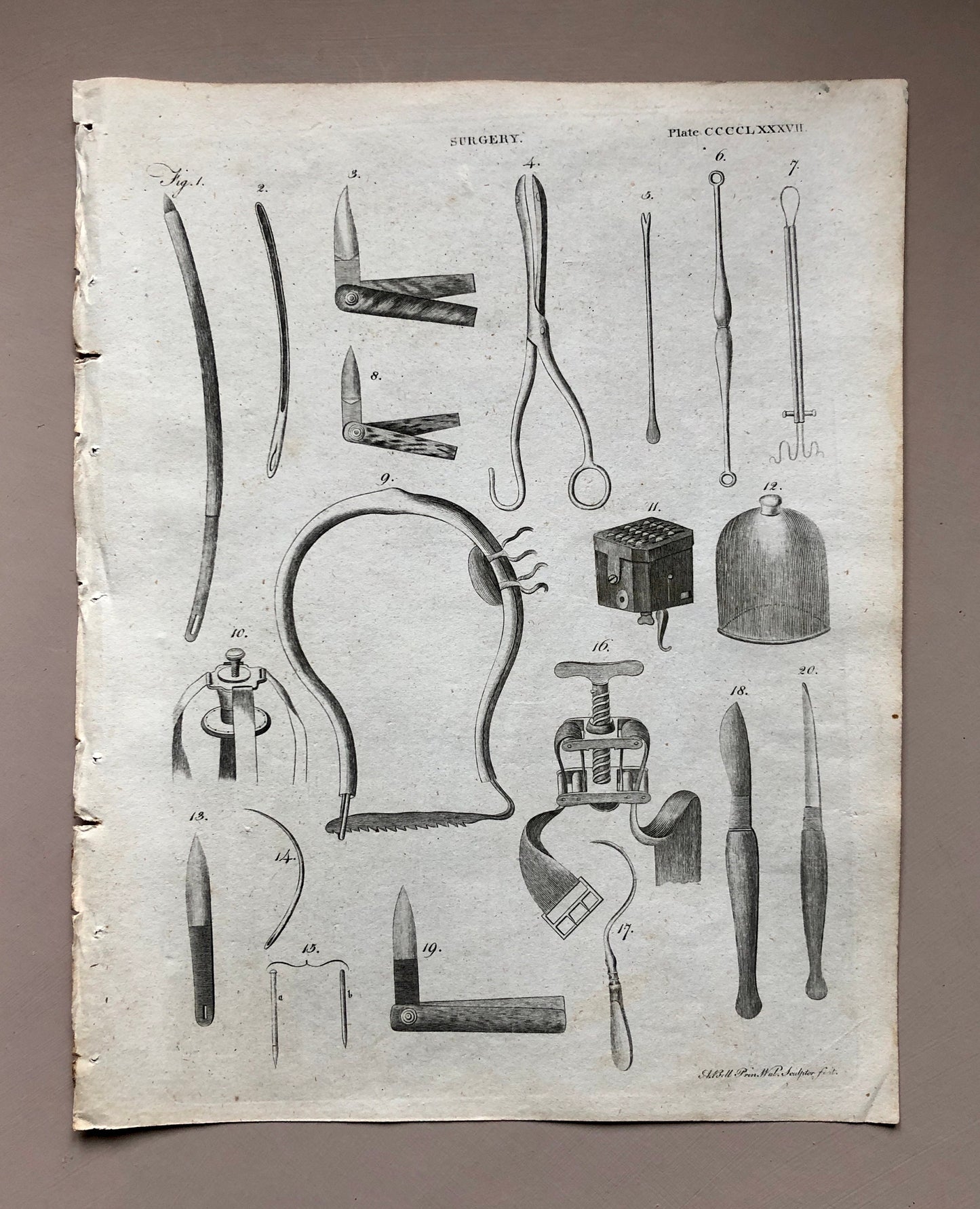 Surgery. 6 Original Engravings of Surgical Equiptment From The Encyclopedia Britannica, 1797. Engraved by A. Bell. Size: 26.5 x 20.5 cms