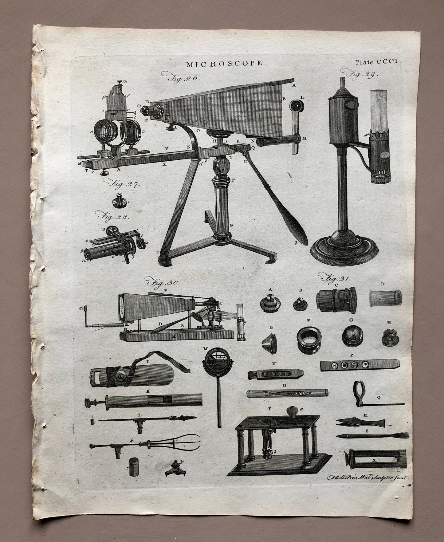 Microscopes. 6 Original Engravings. From The Encyclopedia Britannica. Engraved by A. Bell. Dated 1797. Size: 26.5 x 20.5 cms