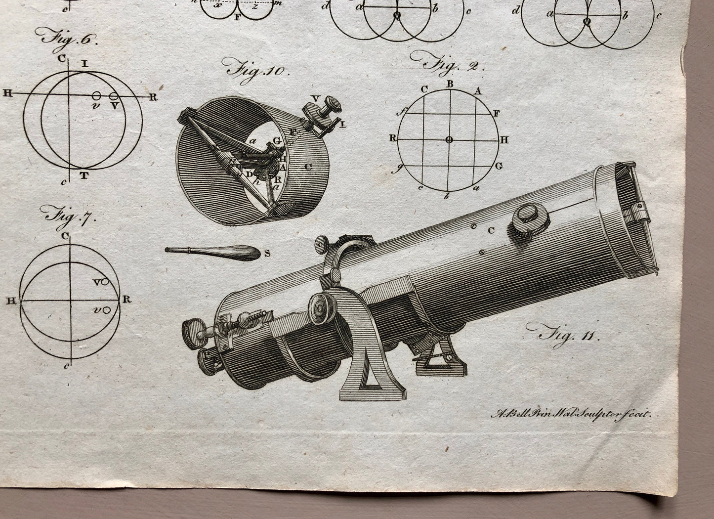 Microscopes. 6 Original Engravings. From The Encyclopedia Britannica. Engraved by A. Bell. Dated 1797. Size: 26.5 x 20.5 cms