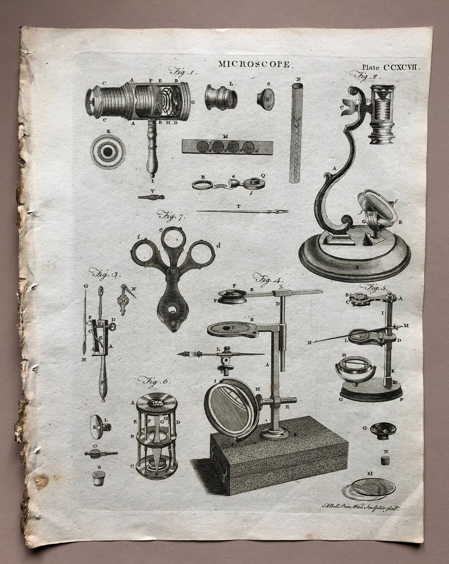 Microscopes. 6 Original Engravings. From The Encyclopedia Britannica. Engraved by A. Bell. Dated 1797. Size: 26.5 x 20.5 cms