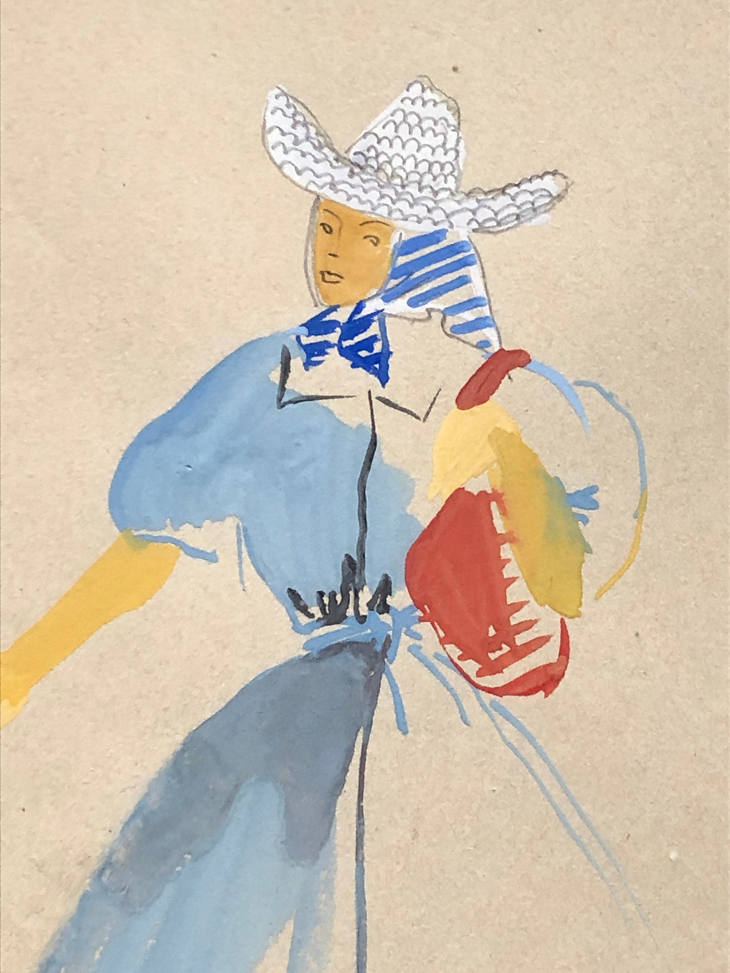 An Original Fashion Sketch, or Croquis, by Parisian Designer Yvette Micas. Hand Drawn and Painted. 1940’s. Signed. Size: 26.5 X 20.5 cms.