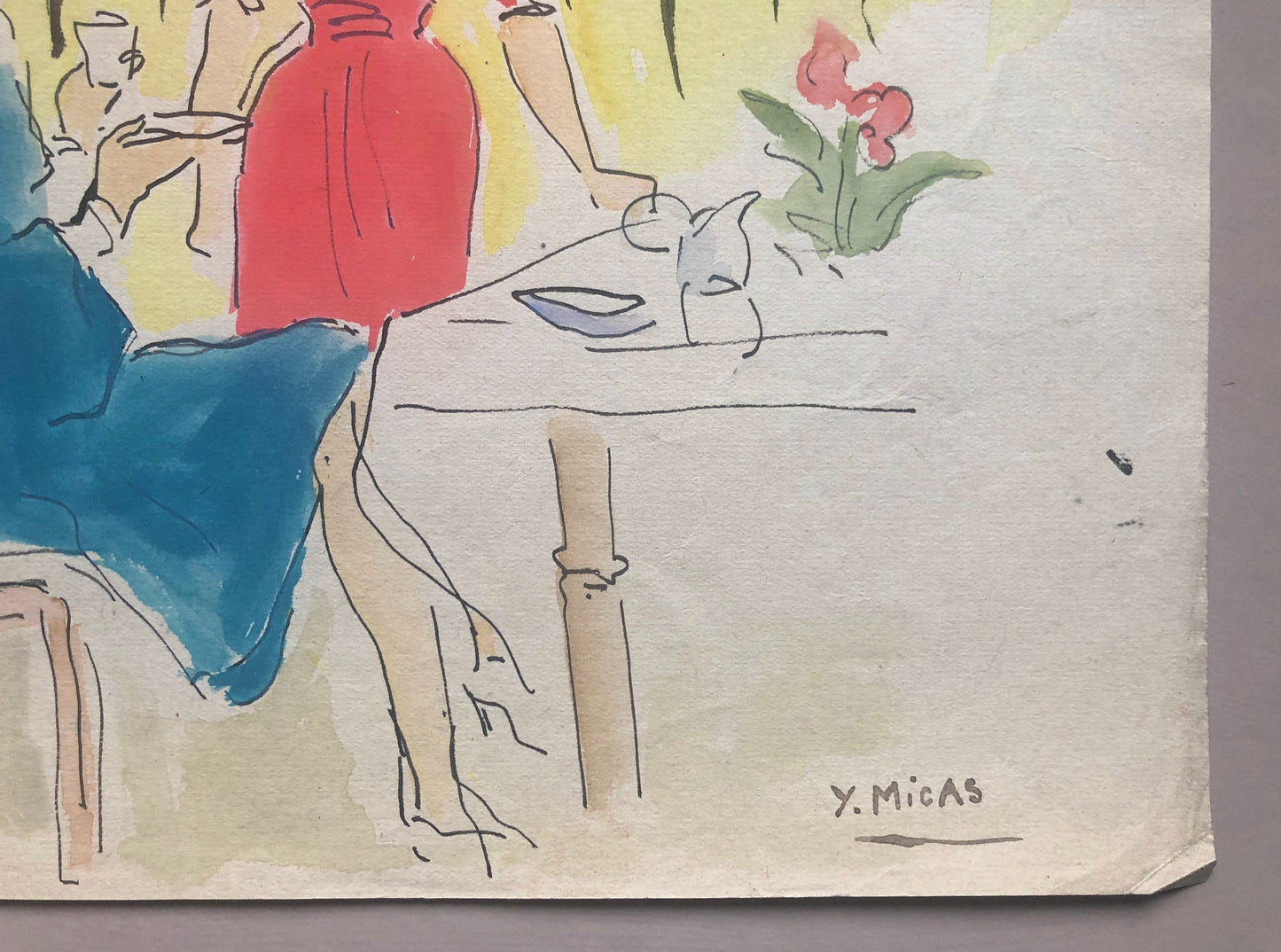 An Original Fashion Sketch, or Croquis, from Parisian Designer Yvette Micas. Hand Painted. 1940s. Signed. Size: 21 x 26.5 cms.