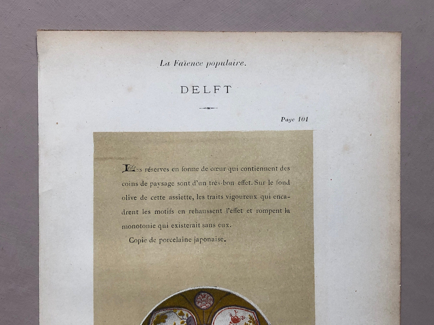 Delft Pottery. A Lithographic Print From La Faïence Populaire au XVIII Siecle by Mareschal. Dated 1872. Size: 26.7 x 17.2 cms.