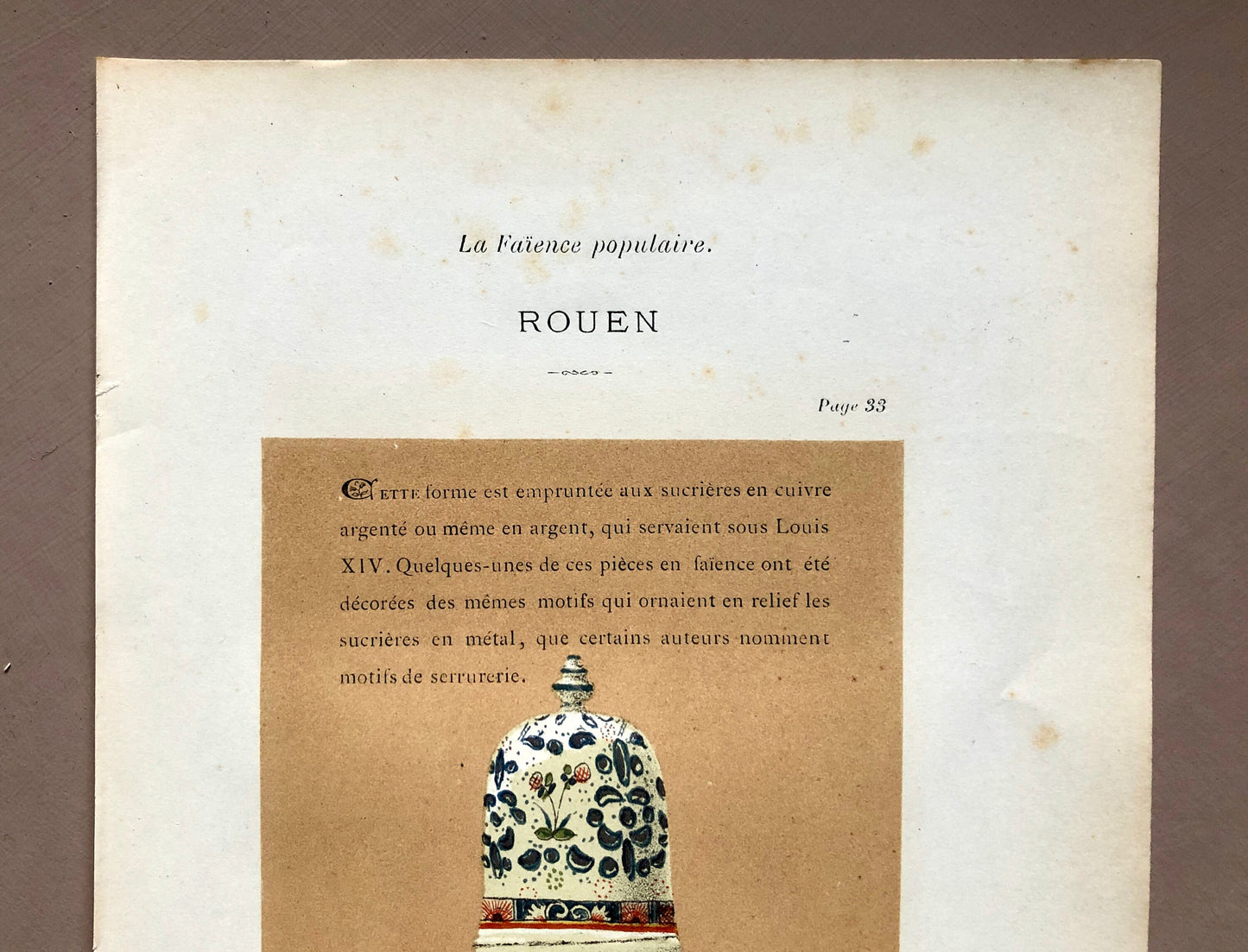 Rouen Faïence Pottery. An Original Lithograph From La Faïence Populaire au XVIII Siecle by Mareschal. Dated 1872. Size: 26.7 x 17.2 cms.