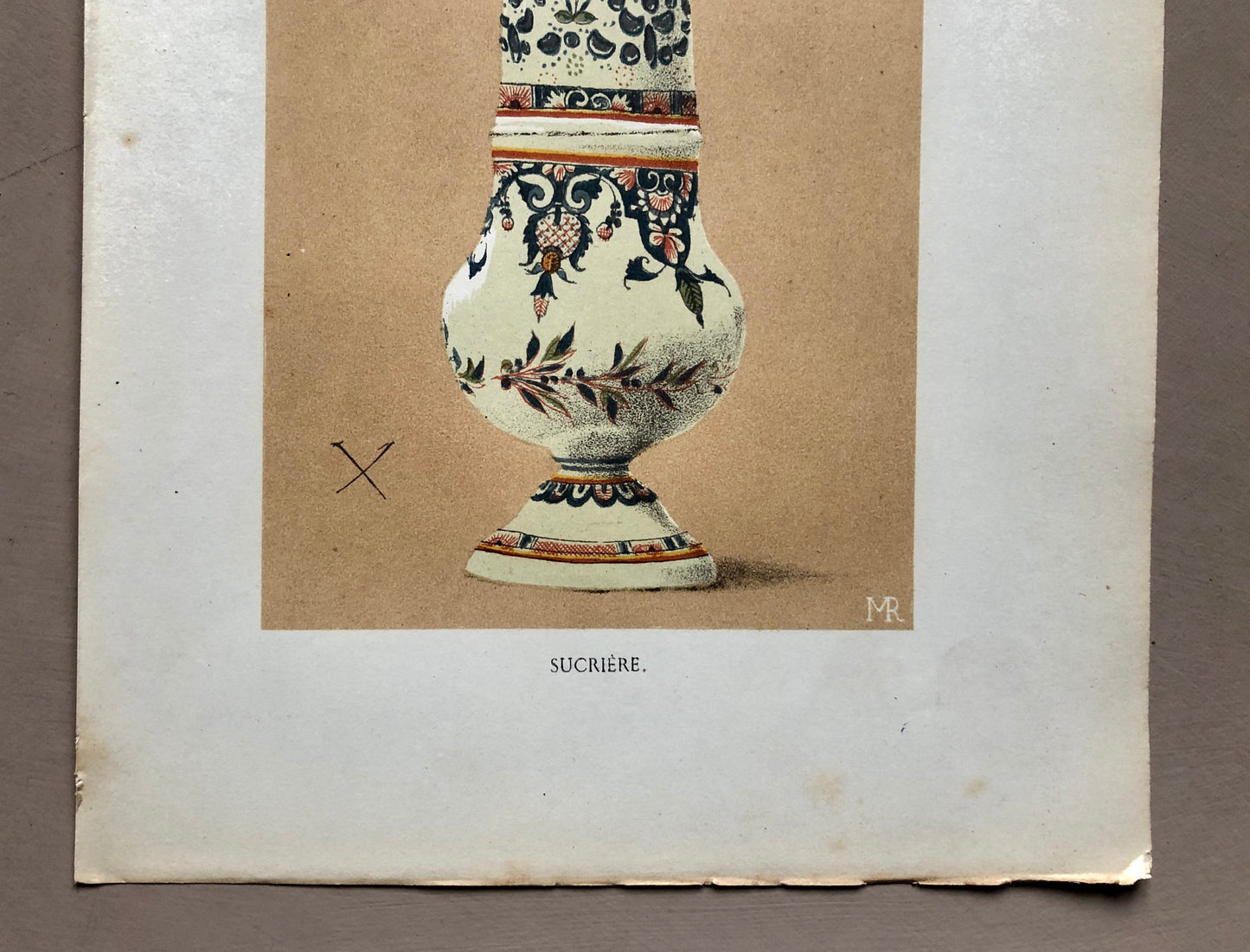 Rouen Faïence Pottery. An Original Lithograph From La Faïence Populaire au XVIII Siecle by Mareschal. Dated 1872. Size: 26.7 x 17.2 cms.