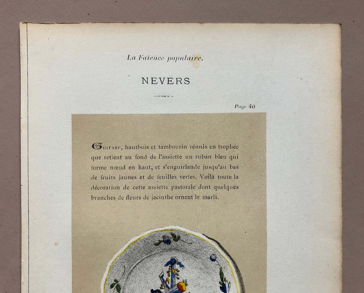 Nevers. Faïence Pottery. A Lithograph From La Faïence Populaire au XVIII Siecle by Mareschal. Dated 1872. Size: 26.7 x 17.2 cms.