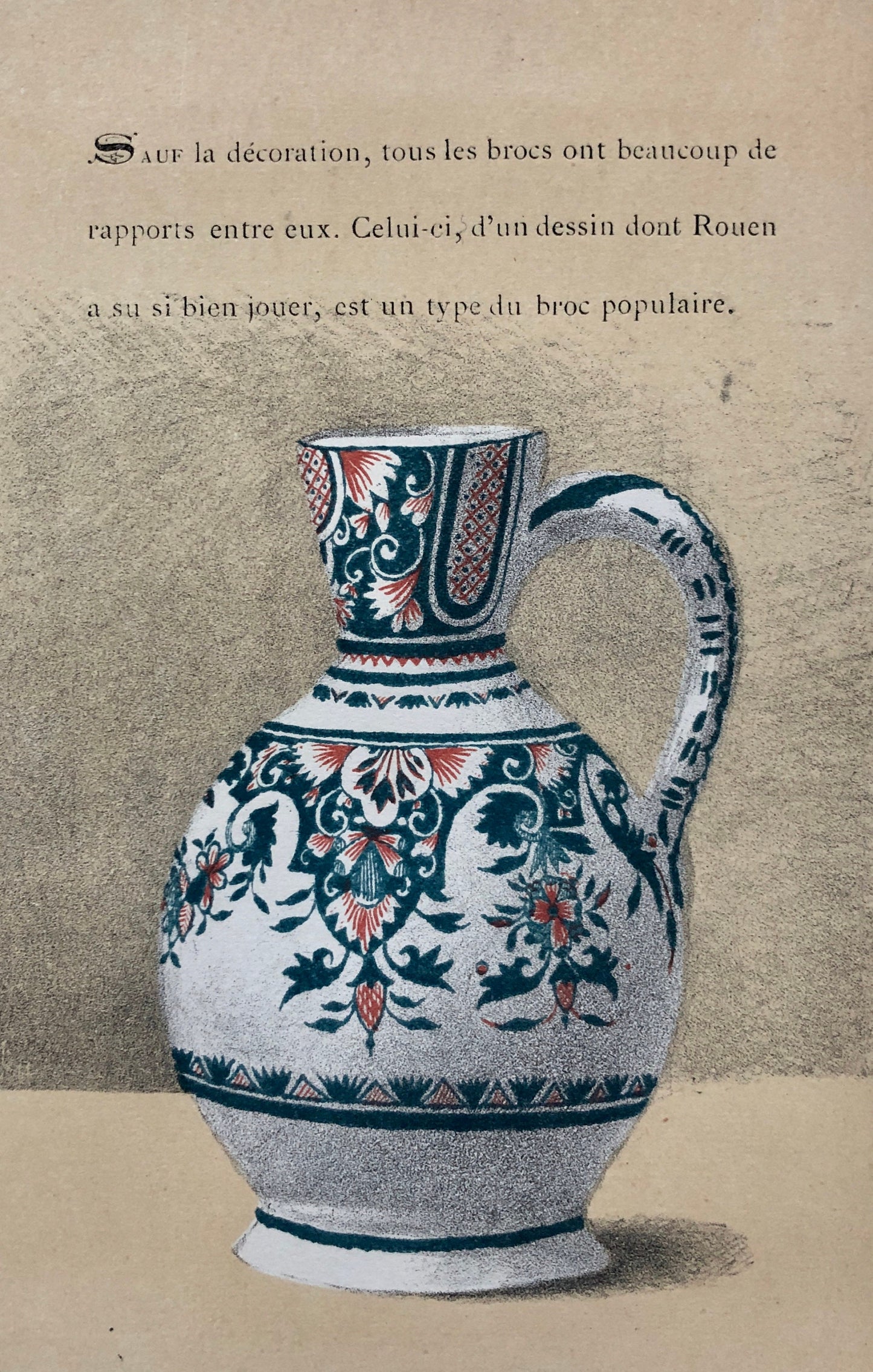 Rouen. Faïence Pottery. An Original Lithograph From La Faïence Populaire au XVIII Siecle by Mareschal. Dated 1872. Size: 26.7 x 17.2 cms.