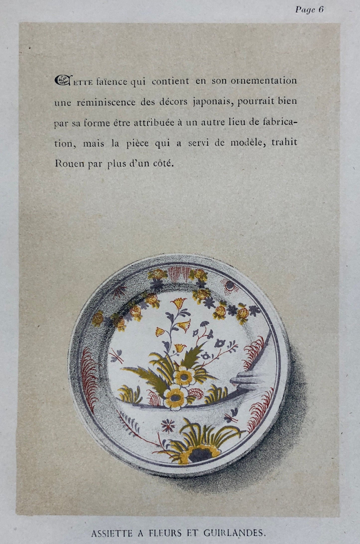 Faïence Rouen Pottery. A Lithograph From La Faïence Populaire au XVIII Siecle by Mareschal. Dated 1872. Size: 26.7 x 17.2 cms.
