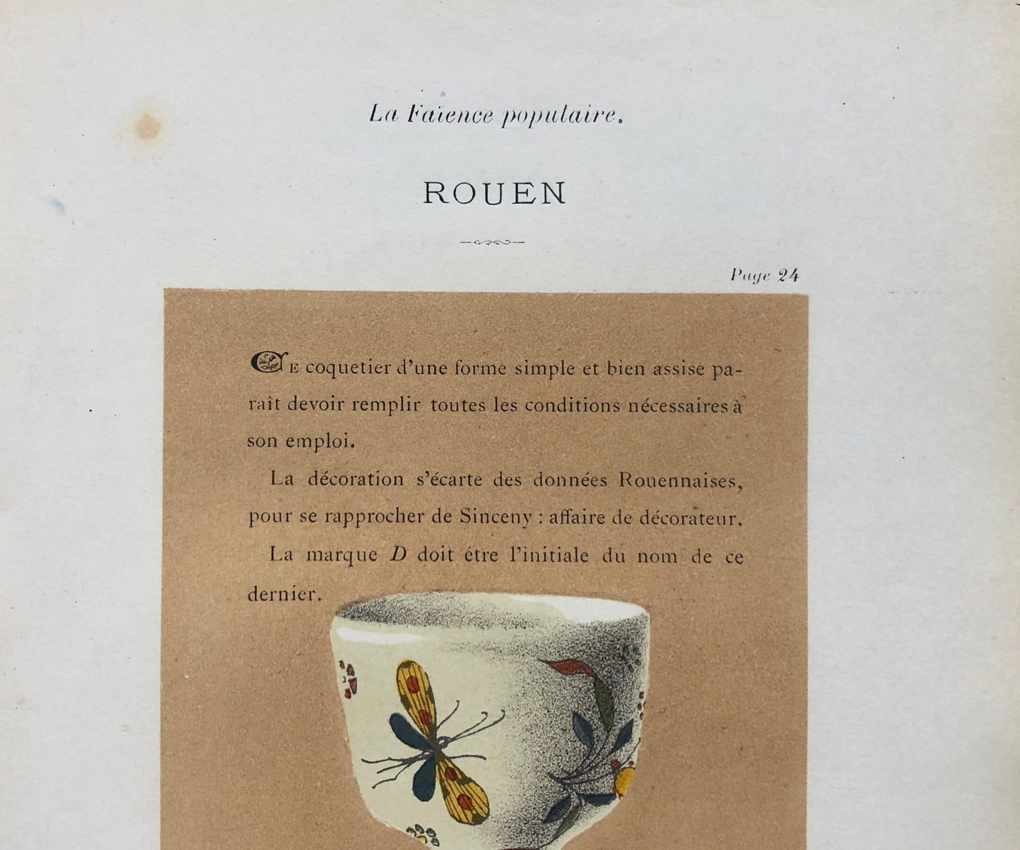 Faïence Rouen Pottery. An Original Lithograph From La Faïence Populaire au XVIII Siecle by Mareschal. Dated 1872. Size: 26.7 x 17.2 cms.