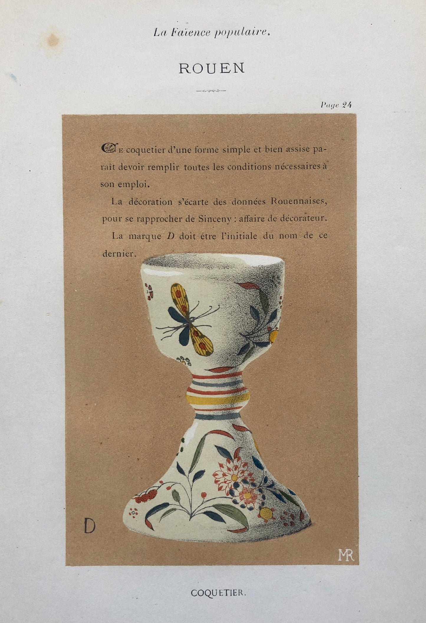 Faïence Rouen Pottery. An Original Lithograph From La Faïence Populaire au XVIII Siecle by Mareschal. Dated 1872. Size: 26.7 x 17.2 cms.