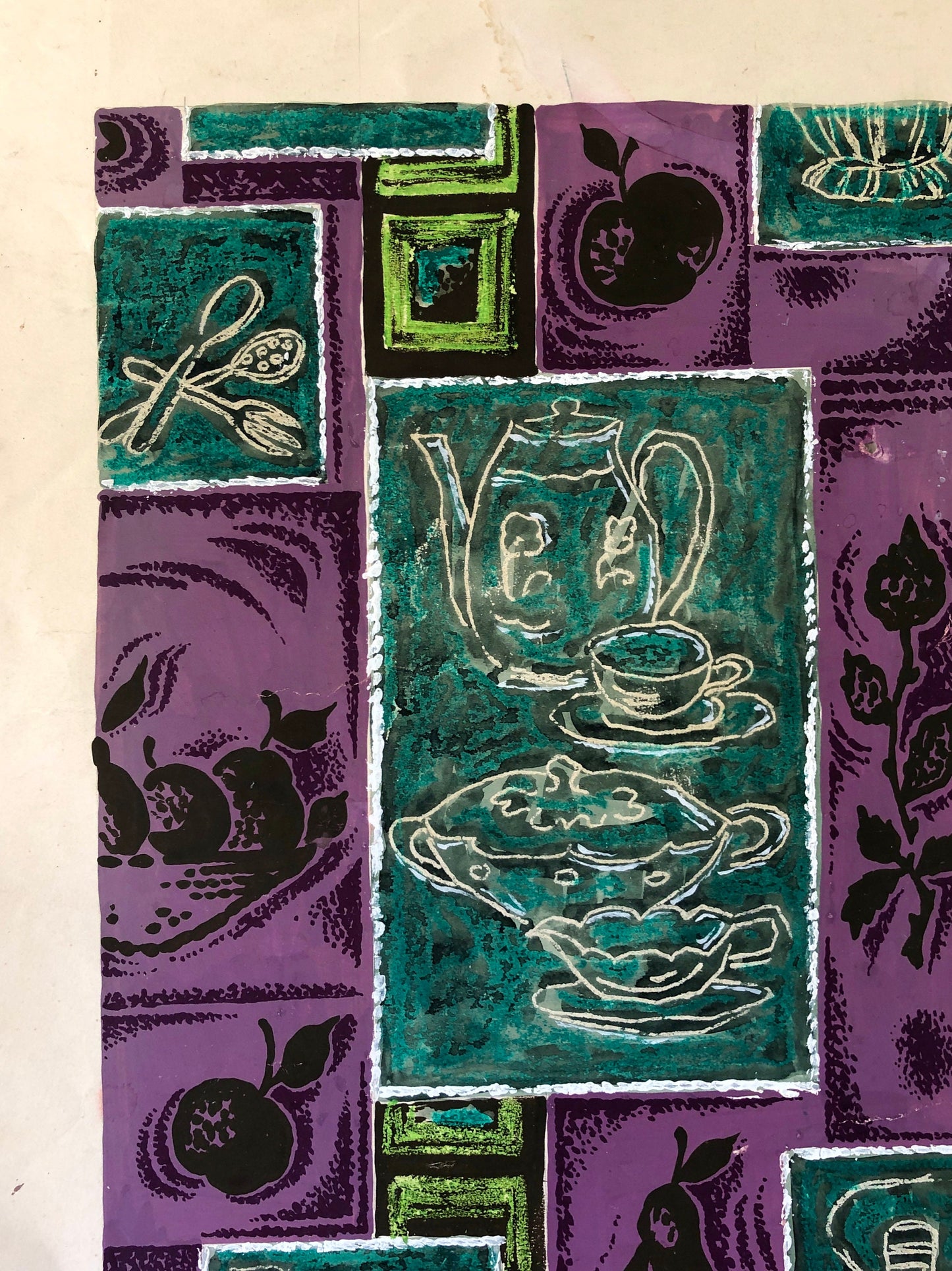 An Original Textile Design for Upholstery. Very Large. Hand painted. From The Atelier Artilia, Paris. 1960’s. Size: 85 x 69.5 cms