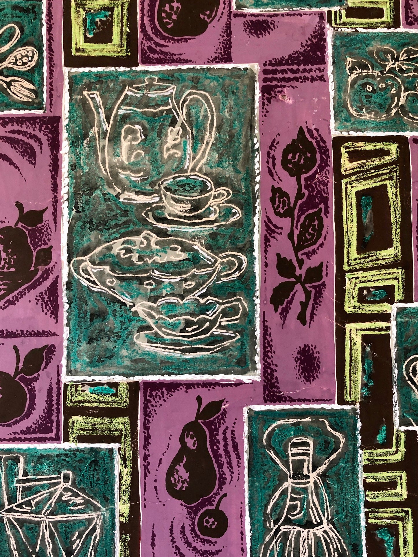 An Original Textile Design for Upholstery. Very Large. Hand painted. From The Atelier Artilia, Paris. 1960’s. Size: 85 x 69.5 cms