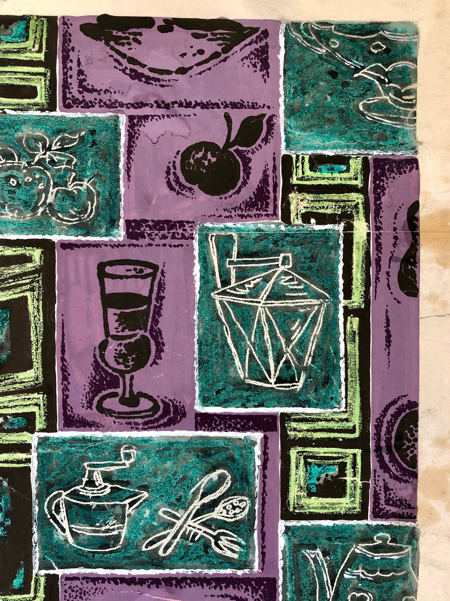 An Original Textile Design for Upholstery. Very Large. Hand painted. From The Atelier Artilia, Paris. 1960’s. Size: 85 x 69.5 cms