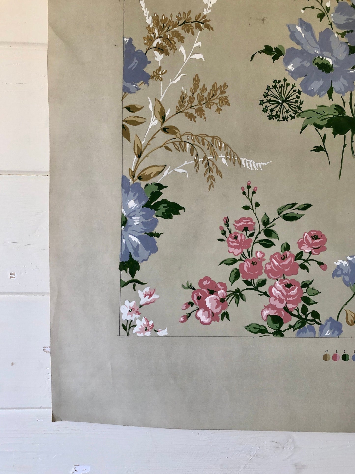 An Original Textile Design for Upholstery. Very Large. Hand painted. From The Atelier Artilia, Paris. 1960’s. Size: 85 x 70 cms