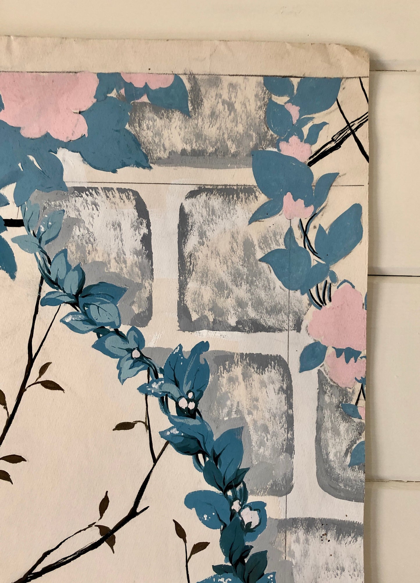 An Original Textile Design for Upholstery. Very Large. Hand painted. From The Atelier Artilia, Paris. 1960’s. Size: 87.5 x 71 cms