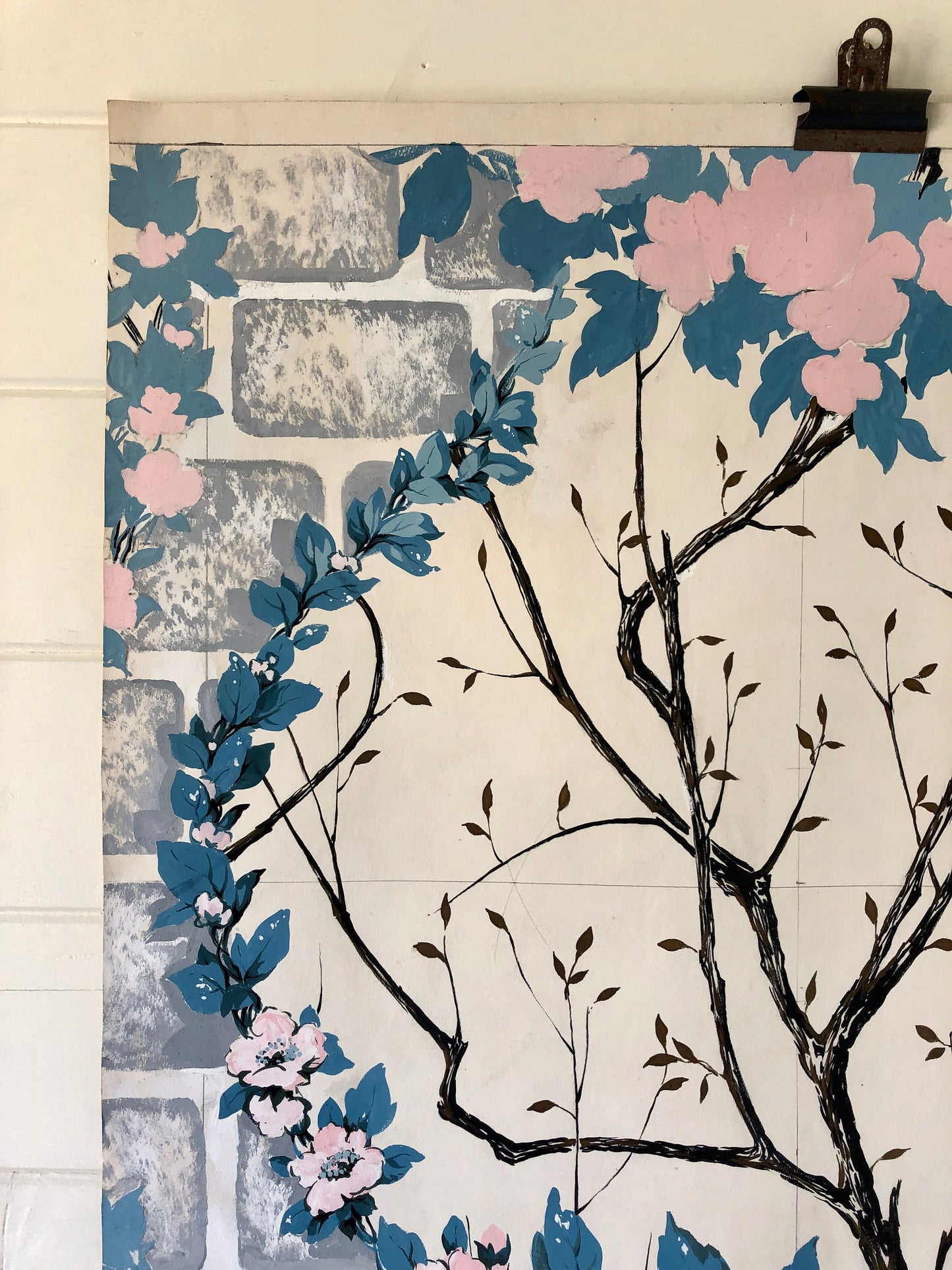 An Original Textile Design for Upholstery. Very Large. Hand painted. From The Atelier Artilia, Paris. 1960’s. Size: 87.5 x 71 cms