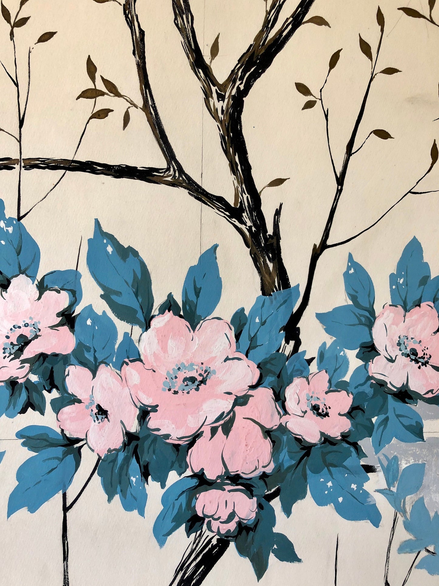 An Original Textile Design for Upholstery. Very Large. Hand painted. From The Atelier Artilia, Paris. 1960’s. Size: 87.5 x 71 cms